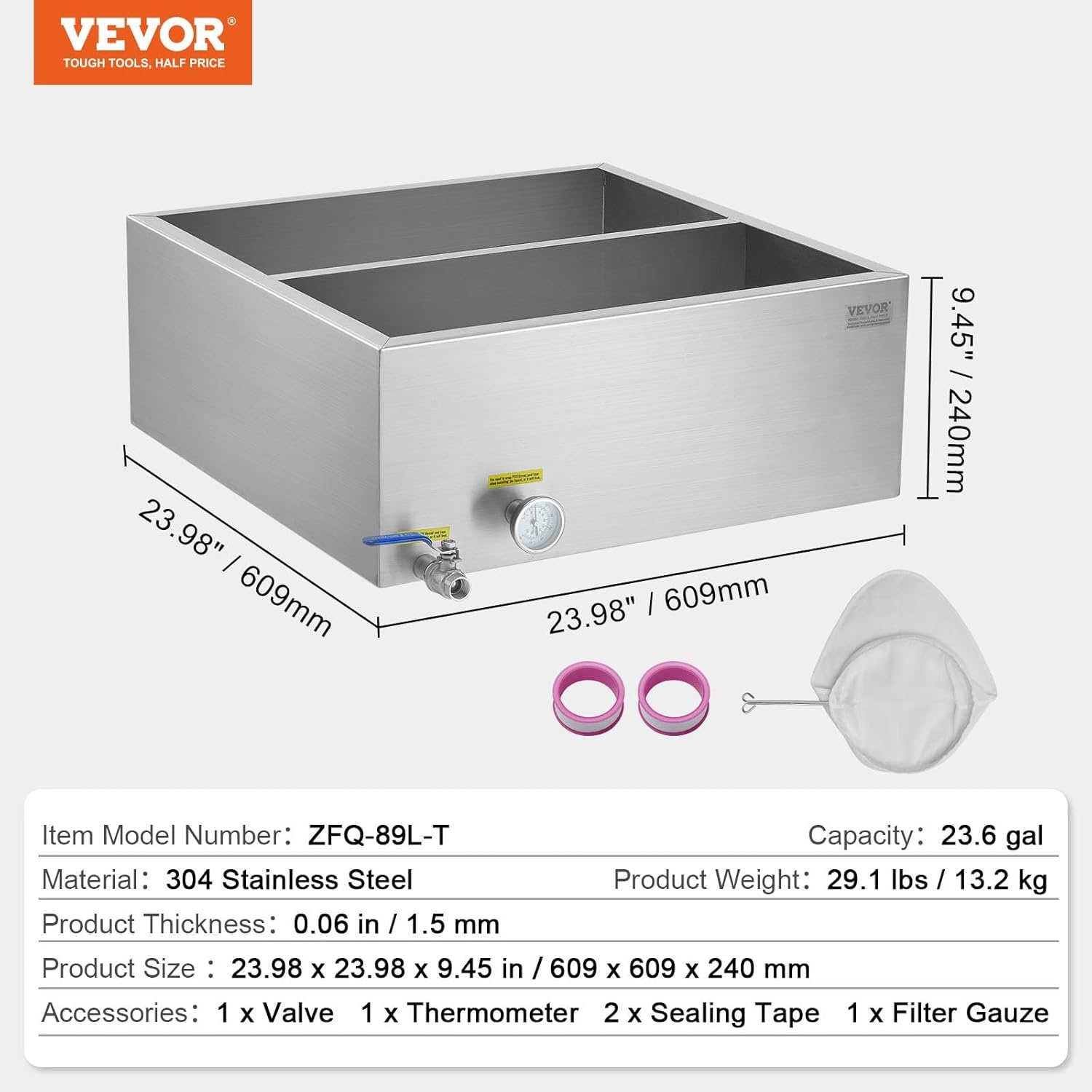 image:imageVEVOR Maple Syrup Evaporator Pan 249 Gal 24 x 24 x 10 Inch Maple Syrup 304 Stainless Steel Maple Syrup Pan Evaporator Pan with 1 Valve and 3 Heating Methods for Home Outdoor24 x 24 x 95 Inch