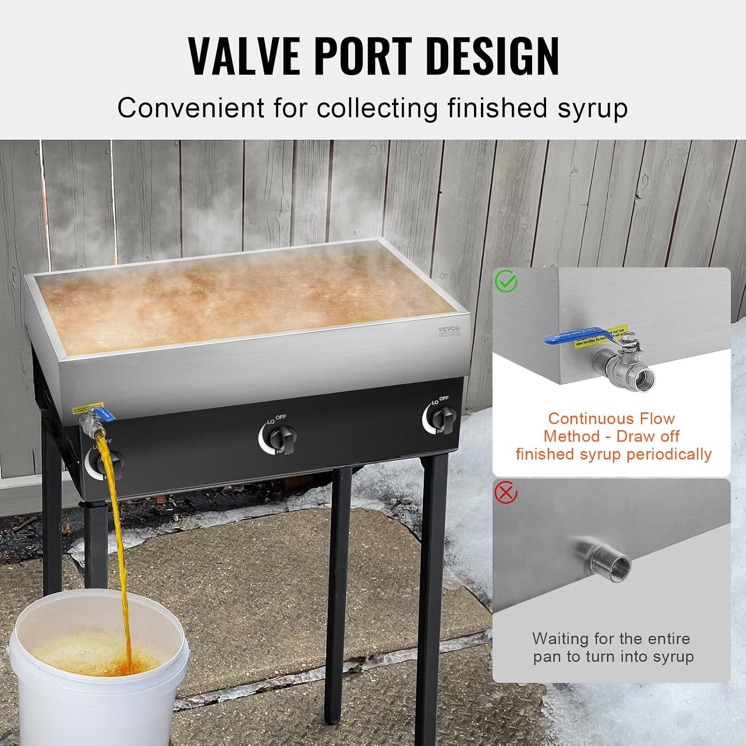 image:imageVEVOR Maple Syrup Evaporator Pan 249 Gal 24 x 24 x 10 Inch Maple Syrup 304 Stainless Steel Maple Syrup Pan Evaporator Pan with 1 Valve and 3 Heating Methods for Home Outdoor30 x 24 x 6 Inch