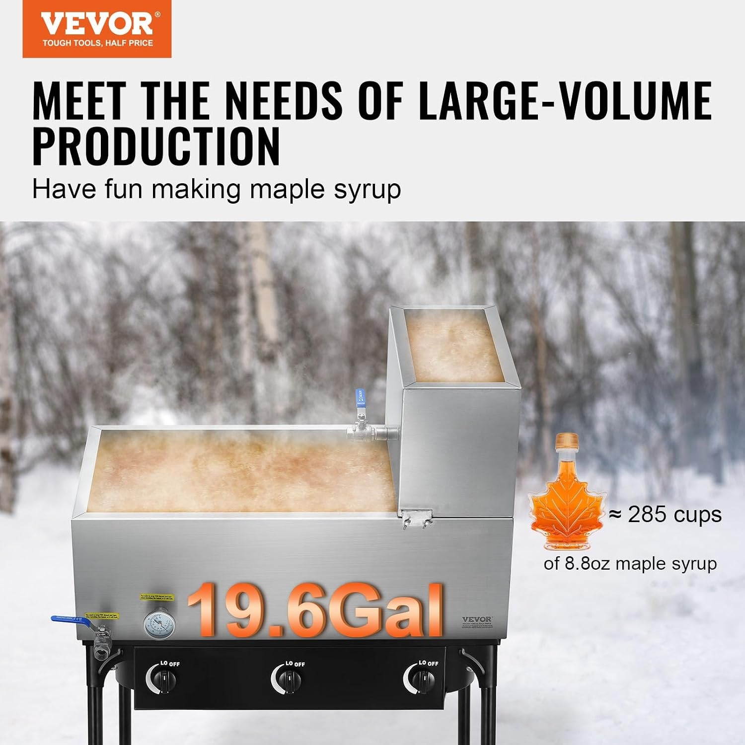 image:imageVEVOR Maple Syrup Evaporator Pan 249 Gal 24 x 24 x 10 Inch Maple Syrup 304 Stainless Steel Maple Syrup Pan Evaporator Pan with 1 Valve and 3 Heating Methods for Home Outdoor30 x 16 x 95 Inch