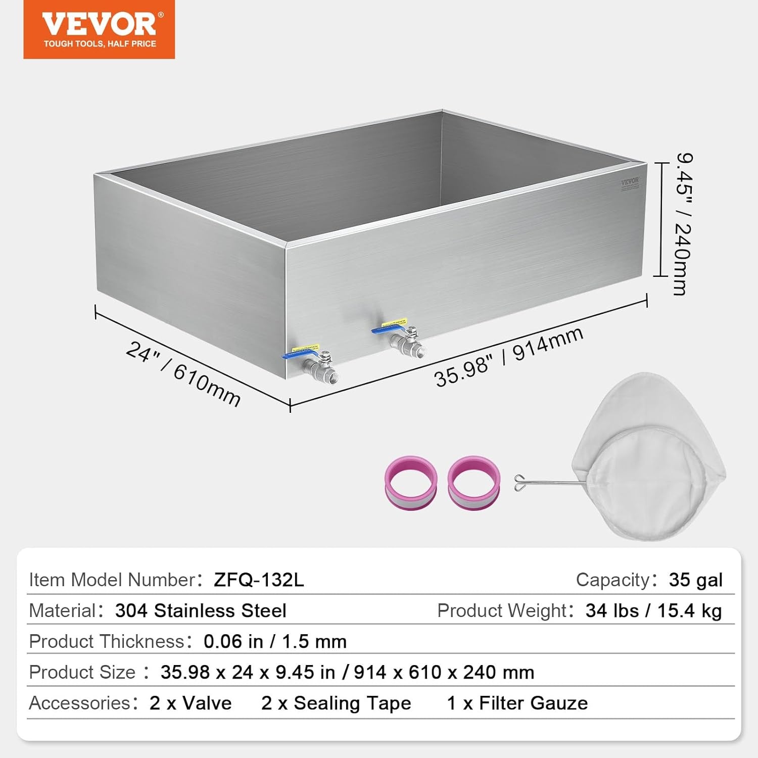 image:imageVEVOR Maple Syrup Evaporator Pan 249 Gal 24 x 24 x 10 Inch Maple Syrup 304 Stainless Steel Maple Syrup Pan Evaporator Pan with 1 Valve and 3 Heating Methods for Home Outdoor36 x 24 x 95 Inch
