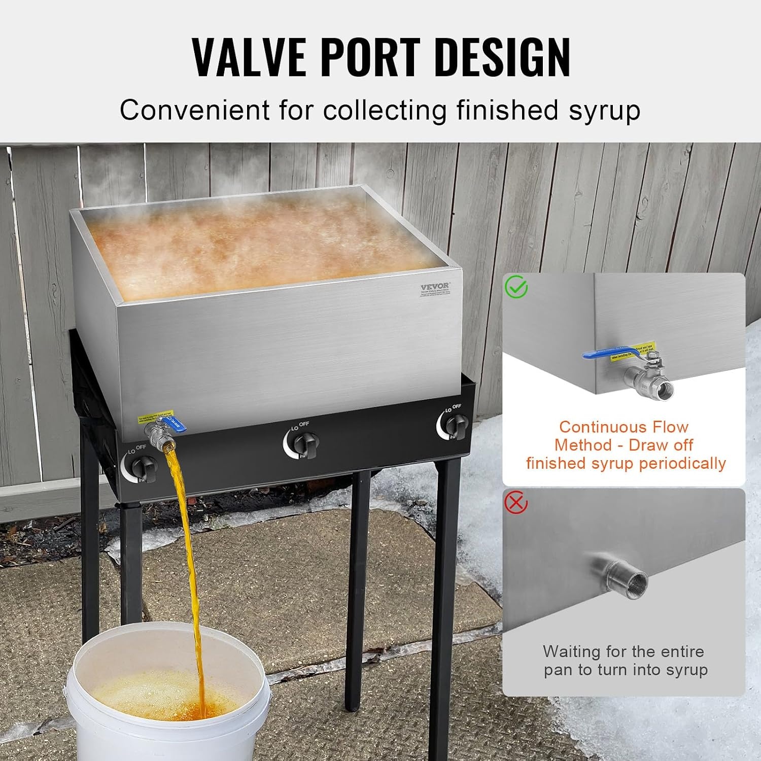 image:imageVEVOR Maple Syrup Evaporator Pan 249 Gal 24 x 24 x 10 Inch Maple Syrup 304 Stainless Steel Maple Syrup Pan Evaporator Pan with 1 Valve and 3 Heating Methods for Home Outdoor24 x 24 x 10 Inch