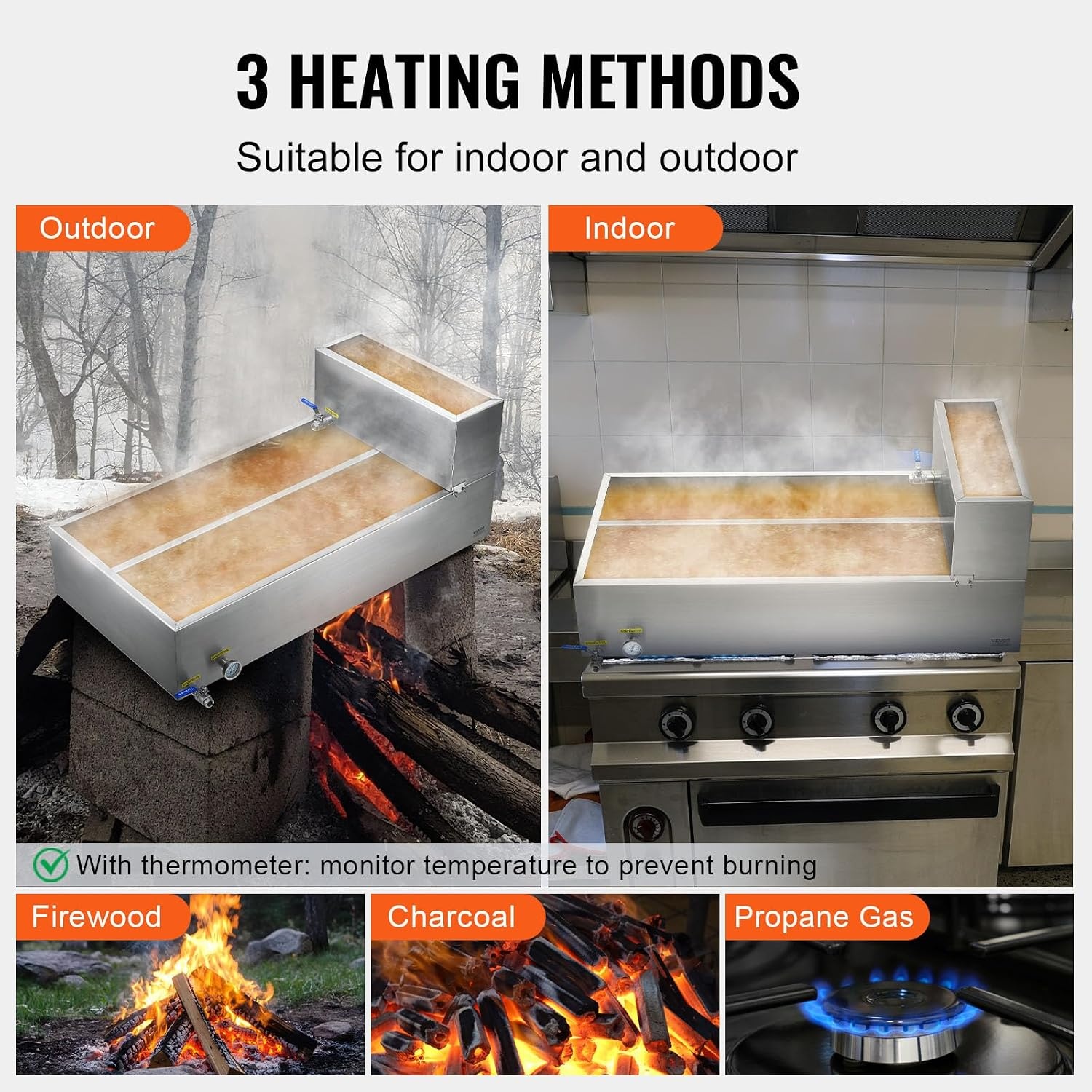 image:imageVEVOR Maple Syrup Evaporator Pan 249 Gal 24 x 24 x 10 Inch Maple Syrup 304 Stainless Steel Maple Syrup Pan Evaporator Pan with 1 Valve and 3 Heating Methods for Home Outdoor47 x 24 x 96 Inch