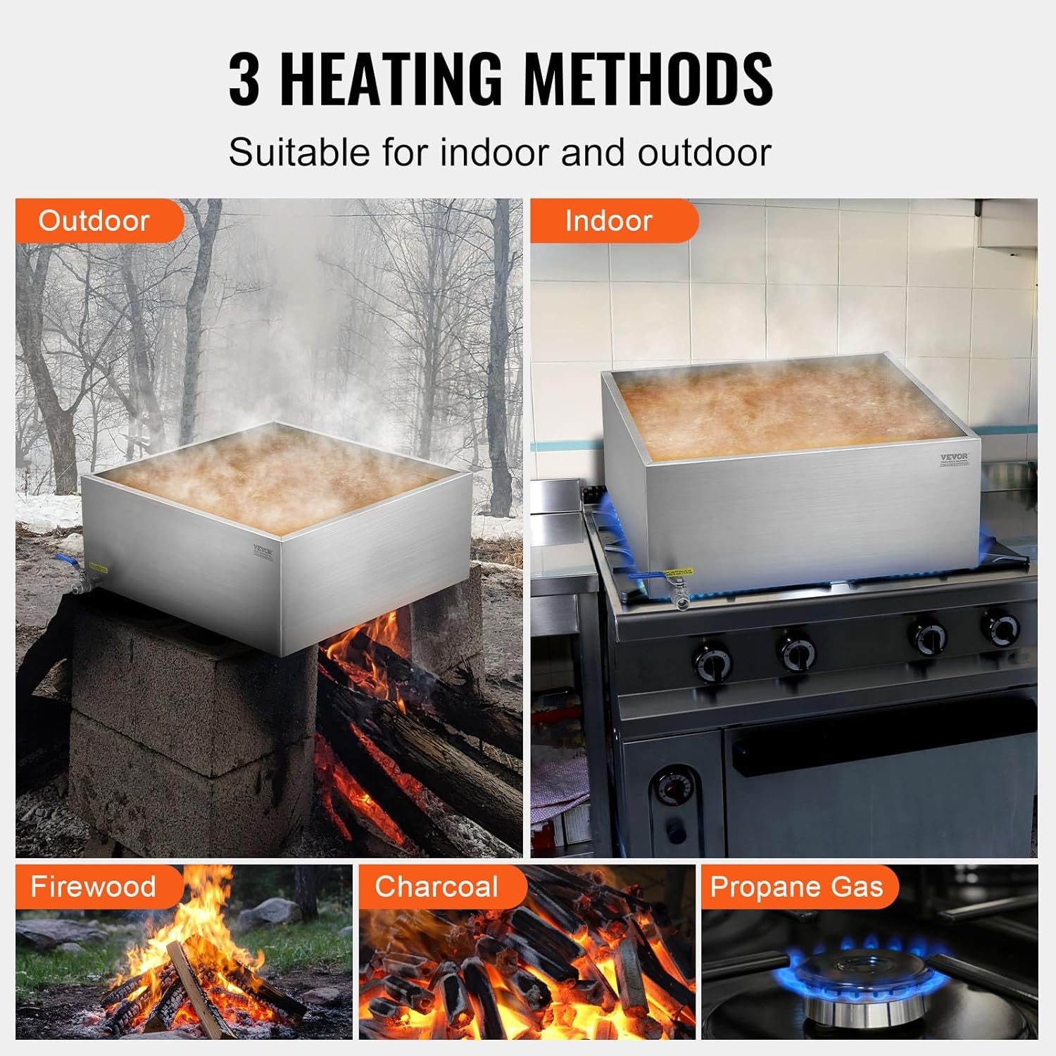 image:imageVEVOR Maple Syrup Evaporator Pan 249 Gal 24 x 24 x 10 Inch Maple Syrup 304 Stainless Steel Maple Syrup Pan Evaporator Pan with 1 Valve and 3 Heating Methods for Home Outdoor24 x 24 x 10 Inch