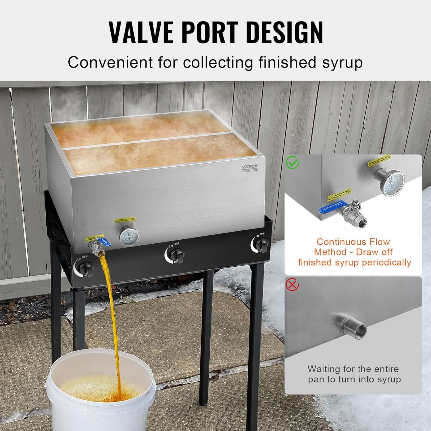 image:imageVEVOR Maple Syrup Evaporator Pan 249 Gal 24 x 24 x 10 Inch Maple Syrup 304 Stainless Steel Maple Syrup Pan Evaporator Pan with 1 Valve and 3 Heating Methods for Home Outdoor24 x 24 x 95 Inch