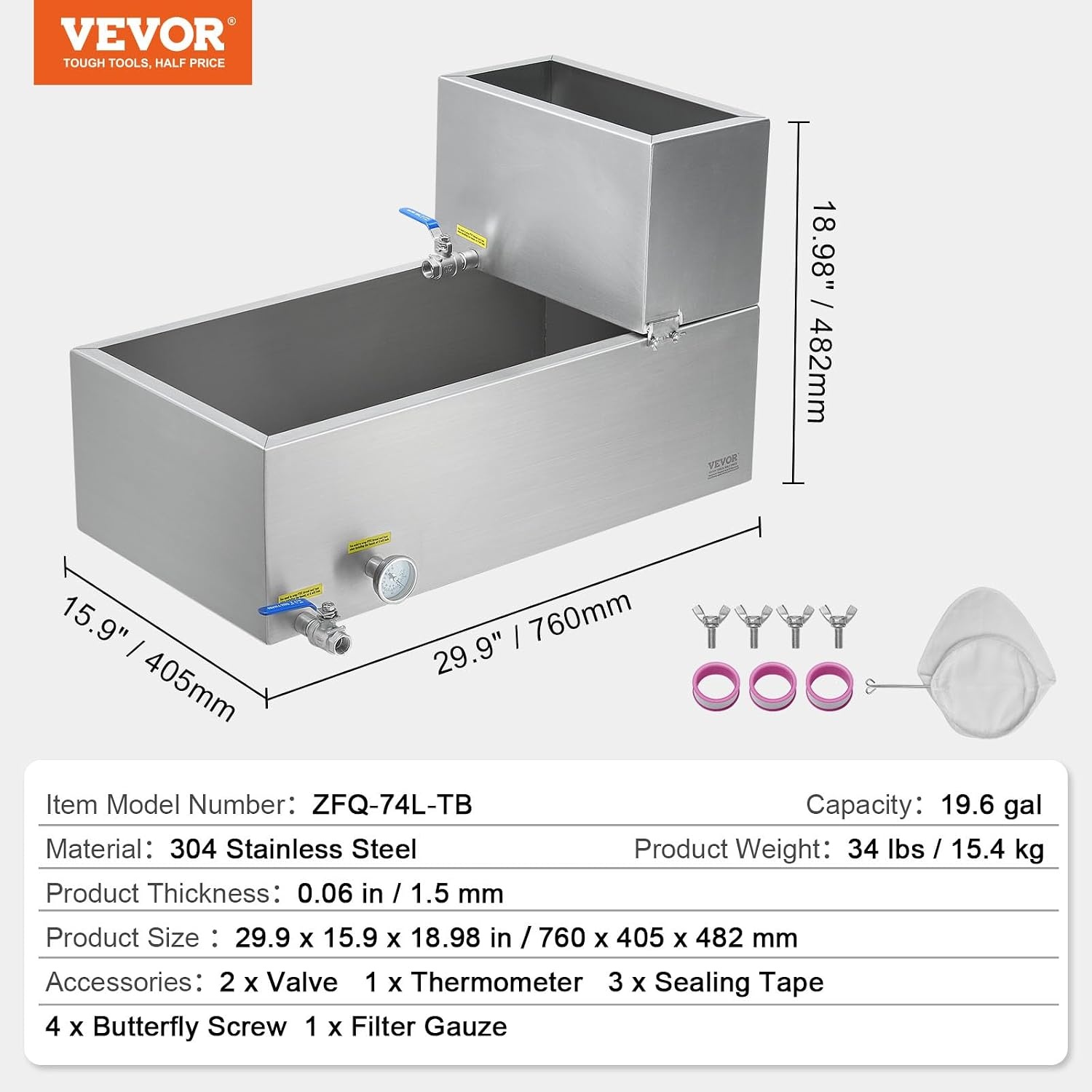 image:imageVEVOR Maple Syrup Evaporator Pan 249 Gal 24 x 24 x 10 Inch Maple Syrup 304 Stainless Steel Maple Syrup Pan Evaporator Pan with 1 Valve and 3 Heating Methods for Home Outdoor30 x 16 x 95 Inch