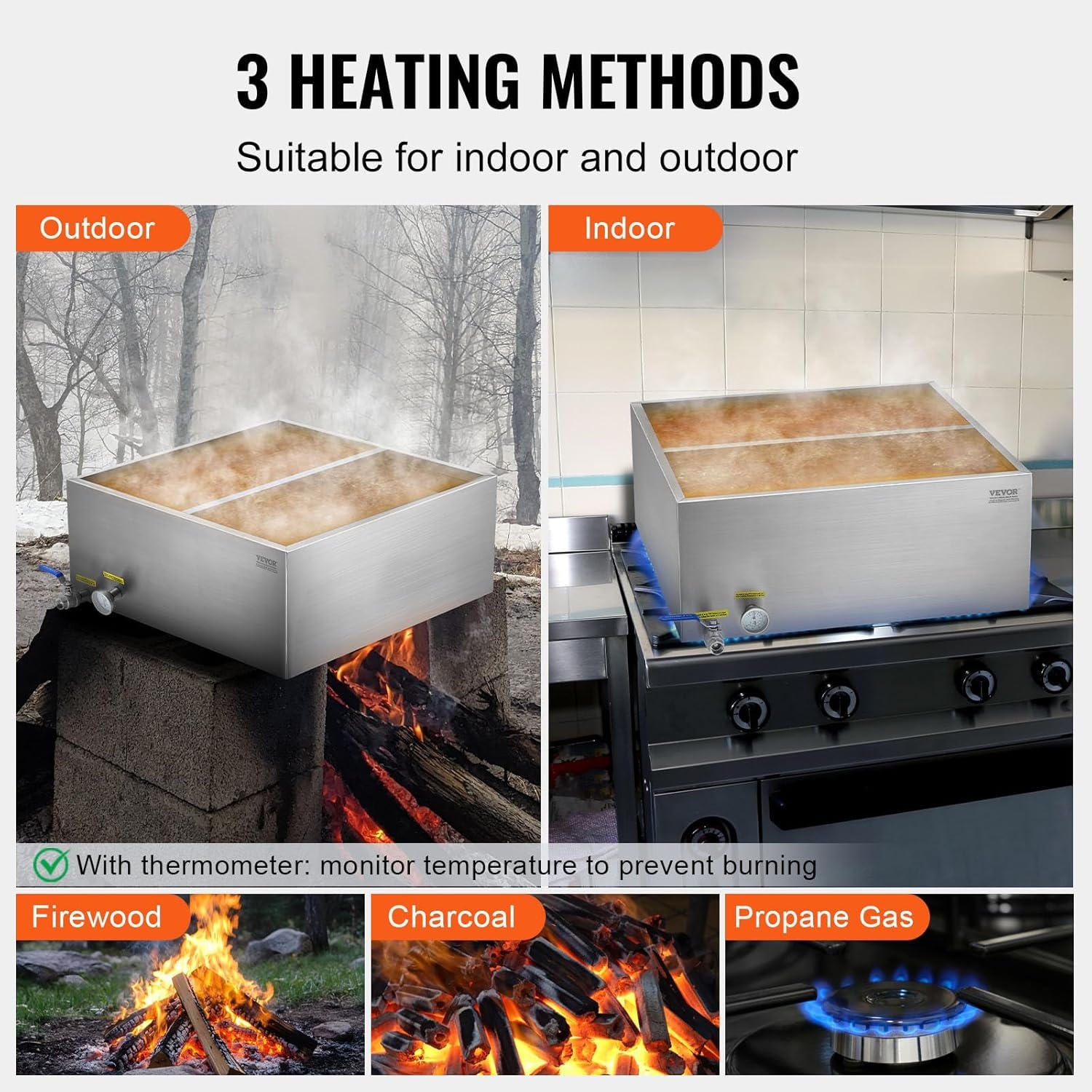 image:imageVEVOR Maple Syrup Evaporator Pan 249 Gal 24 x 24 x 10 Inch Maple Syrup 304 Stainless Steel Maple Syrup Pan Evaporator Pan with 1 Valve and 3 Heating Methods for Home Outdoor24 x 24 x 95 Inch