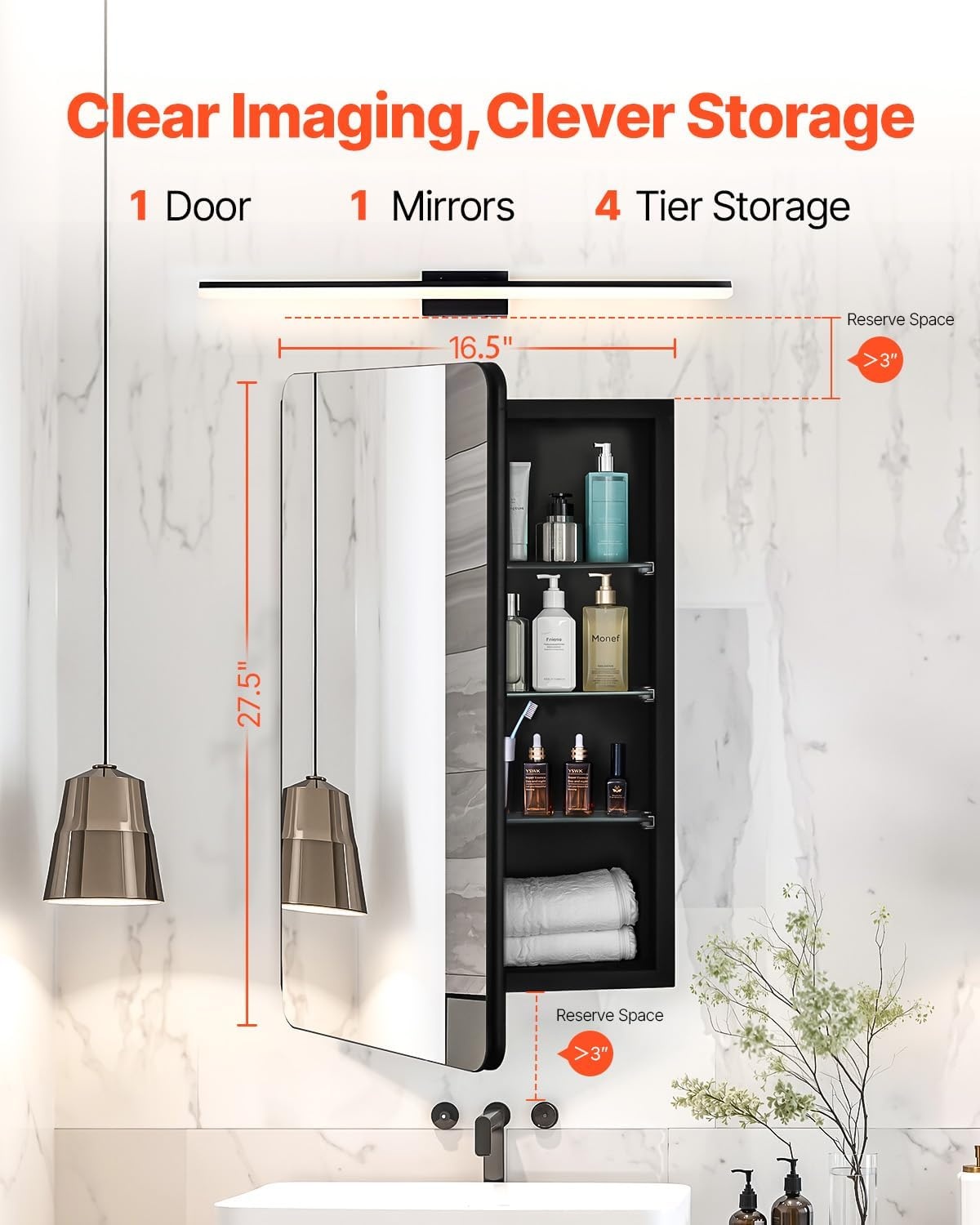 image:imageVEVOR Medicine Cabinet 165 x 275 inch Medicine Cabinet for Bathroom with Mirror Aluminum Frame Bathroom Wall Cabinet 3Layer Adjustable Shelves Recessed amp WallMounted Installation165x275in