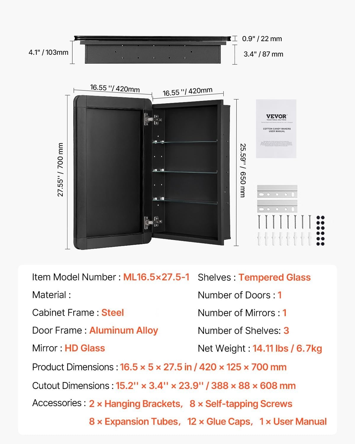 image:imageVEVOR Medicine Cabinet 165 x 275 inch Medicine Cabinet for Bathroom with Mirror Aluminum Frame Bathroom Wall Cabinet 3Layer Adjustable Shelves Recessed amp WallMounted Installation165x275in