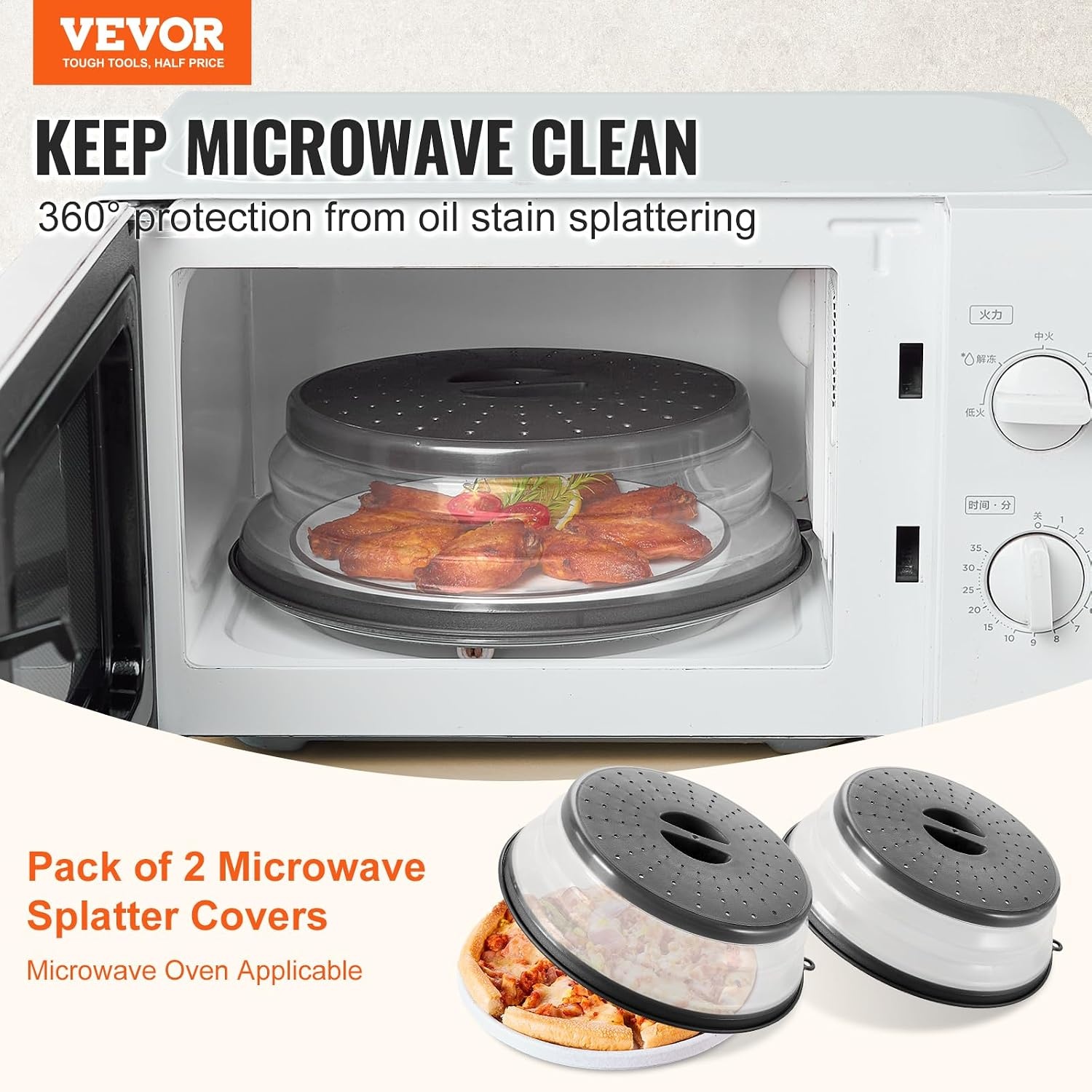 image:imageVEVOR Microwave Splatter Covers 2 Pack 104 Collapsible Microwave Lid for Food 300F HeatResistant PP Splatter Guard for Plate Dish MultiUse Kitchen Colander Gadget for Washing Fruits Vegetables2 Pack