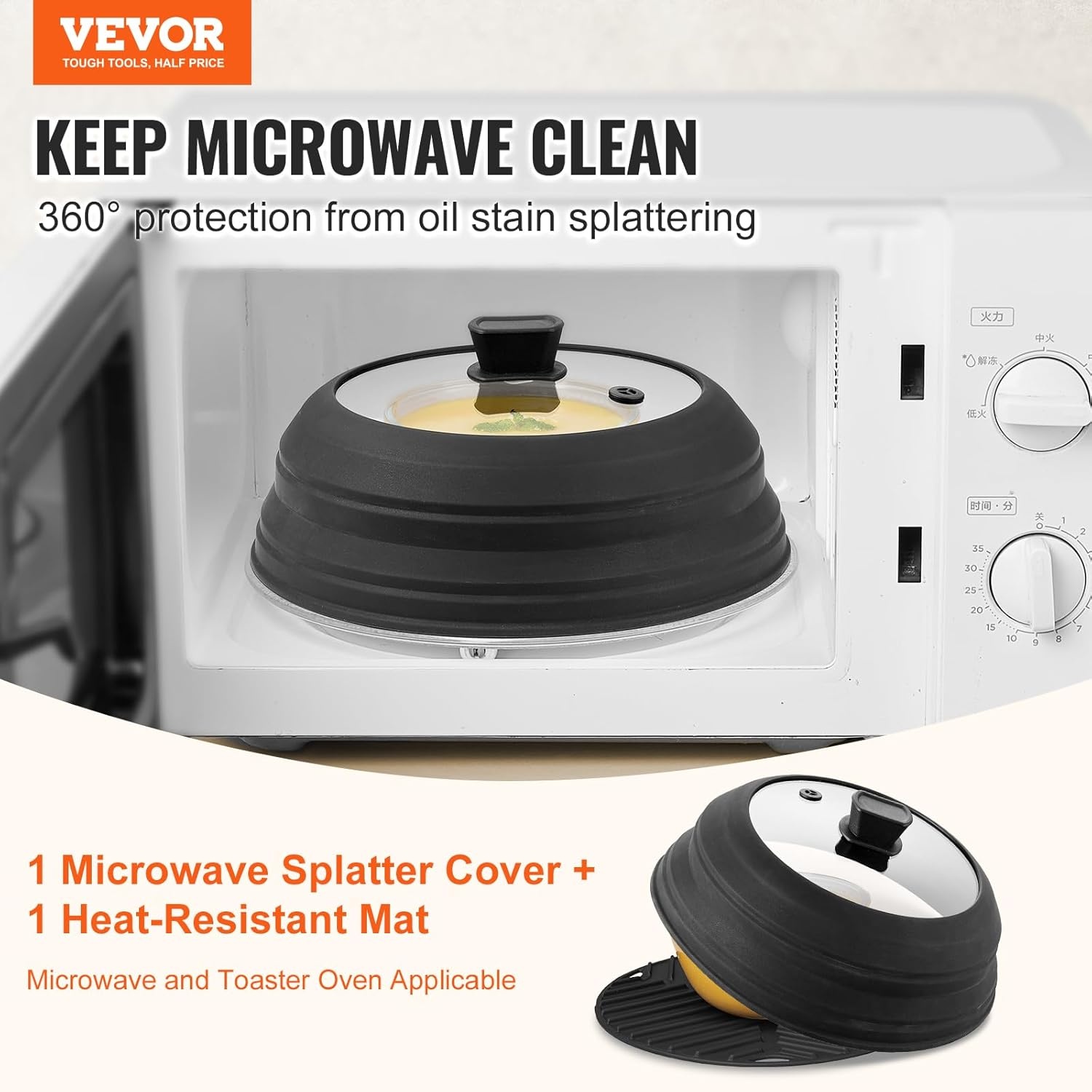 image:imageVEVOR Microwave Splatter Covers 2 Pack 104 Collapsible Microwave Lid for Food 300F HeatResistant PP Splatter Guard for Plate Dish MultiUse Kitchen Colander Gadget for Washing Fruits Vegetables1 Pack