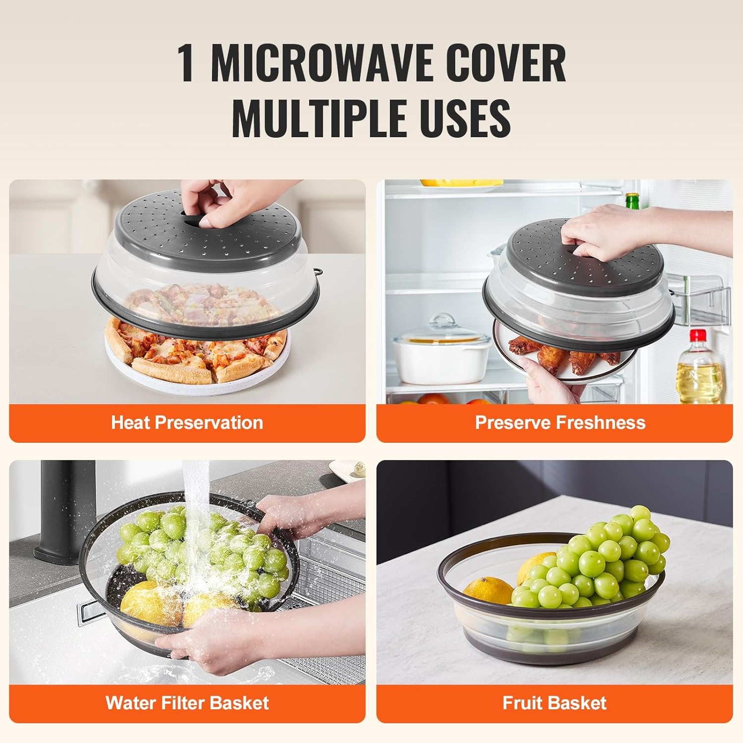 image:imageVEVOR Microwave Splatter Covers 2 Pack 104 Collapsible Microwave Lid for Food 300F HeatResistant PP Splatter Guard for Plate Dish MultiUse Kitchen Colander Gadget for Washing Fruits Vegetables2 Pack