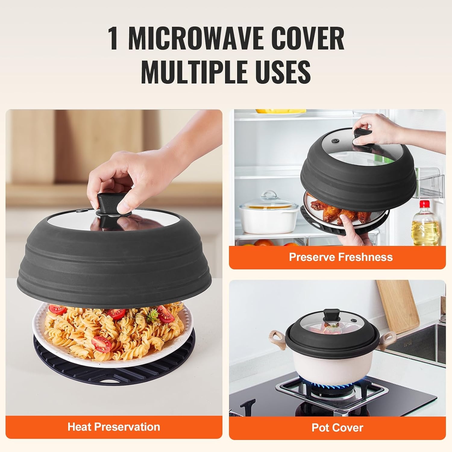 image:imageVEVOR Microwave Splatter Covers 2 Pack 104 Collapsible Microwave Lid for Food 300F HeatResistant PP Splatter Guard for Plate Dish MultiUse Kitchen Colander Gadget for Washing Fruits Vegetables1 Pack