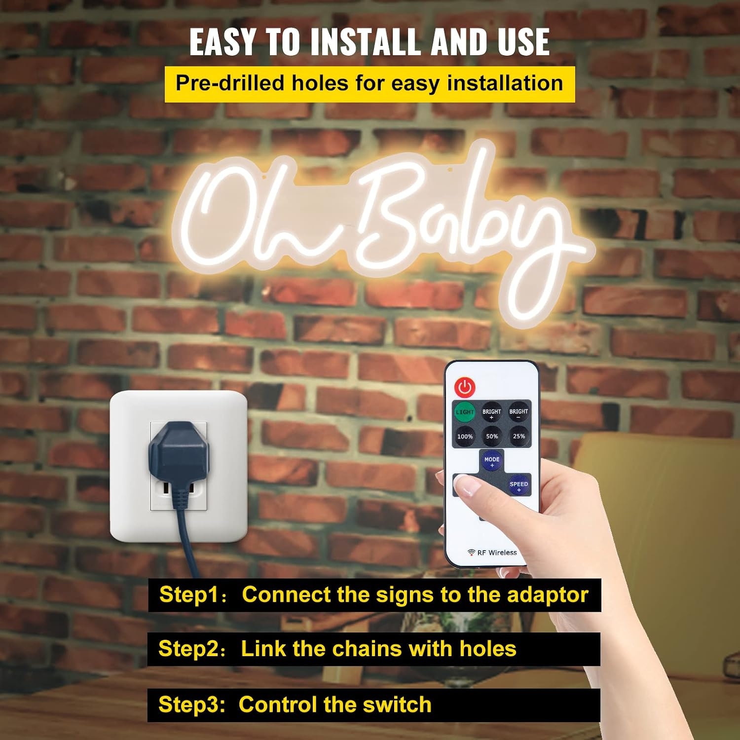 image:imageVEVOR Oh Baby Neon Sign for Wall Decor with Remote Control and Dimmable Switch for Baby Shower decorations Birthday Party Wedding Decor 235x12 inches Warm White