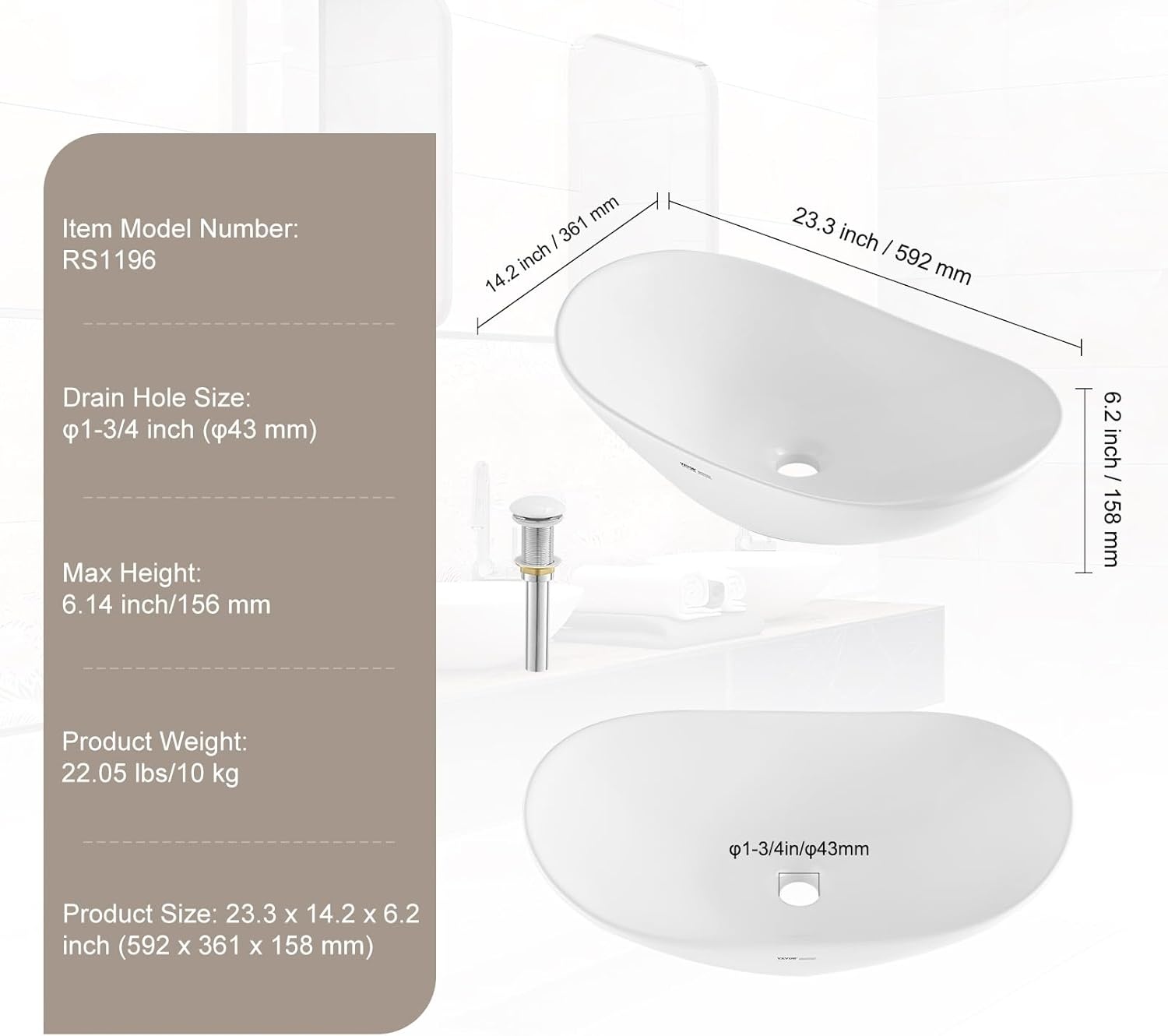 image:imageVEVOR Oval Vessel Sink 16 x 134 Bathroom Vessel Sink Bowl Countertop White Ceramic Bathroom Sinks Above Counter Bowl Sink with Modern Style WellPackaged for Bathroom Hotel Toilet RV233 x 142 Oval