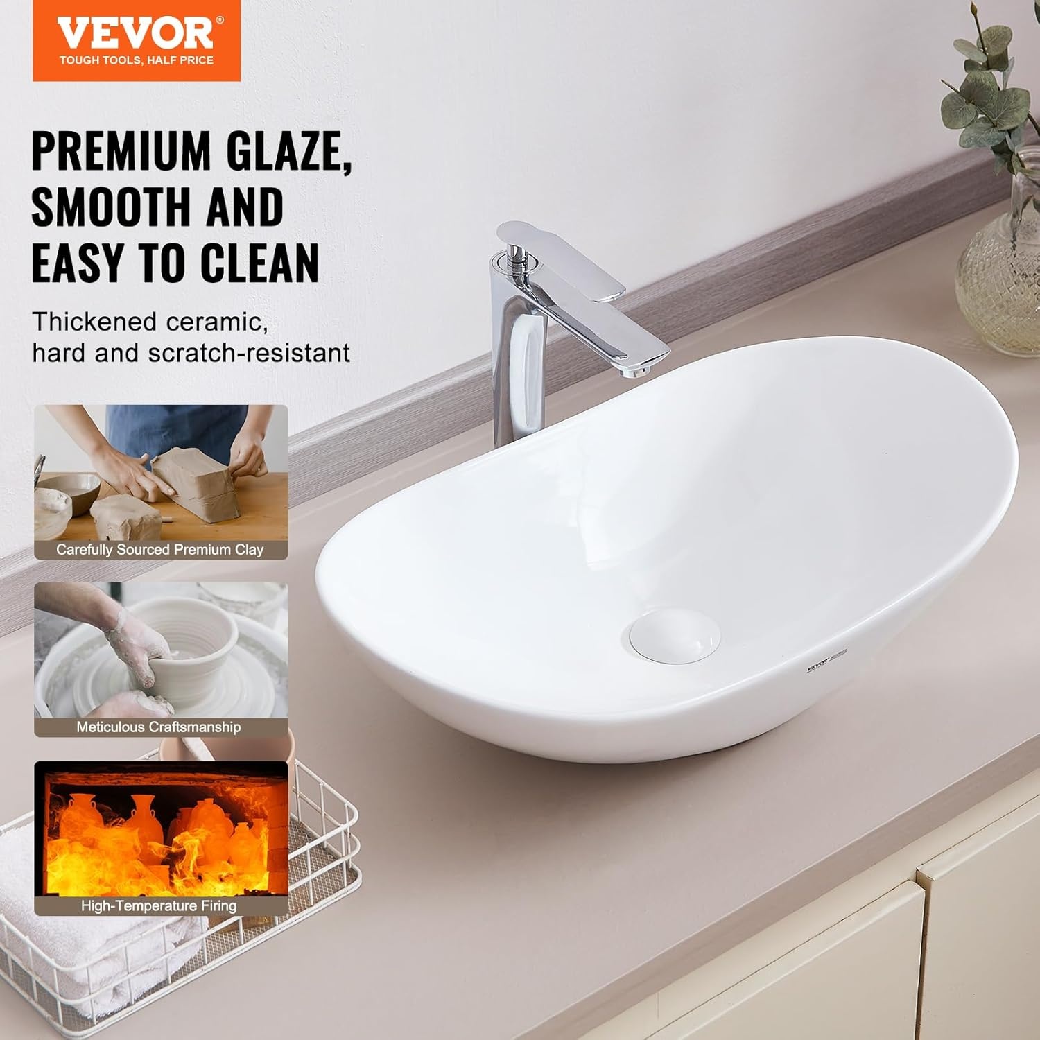 image:imageVEVOR Oval Vessel Sink 16 x 134 Bathroom Vessel Sink Bowl Countertop White Ceramic Bathroom Sinks Above Counter Bowl Sink with Modern Style WellPackaged for Bathroom Hotel Toilet RV233 x 142 Oval
