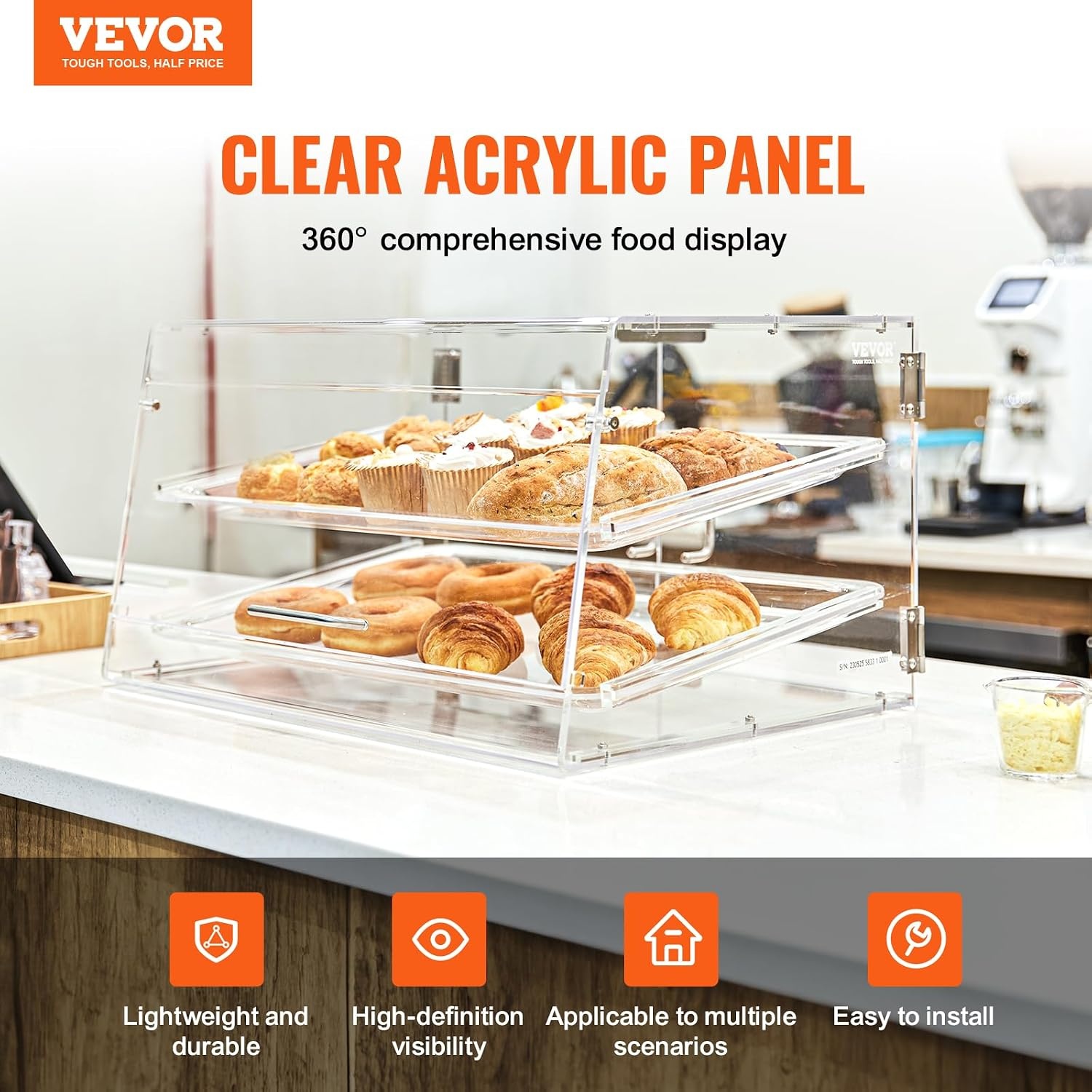 image:imageVEVOR Pastry Display Case 2Tier Commercial Countertop Bakery Display Case Acrylic Display Box with Rear Door Access amp Removable Shelves Keep Fresh for Donut Bagels Cake Cookie 207x132x1192 Tray