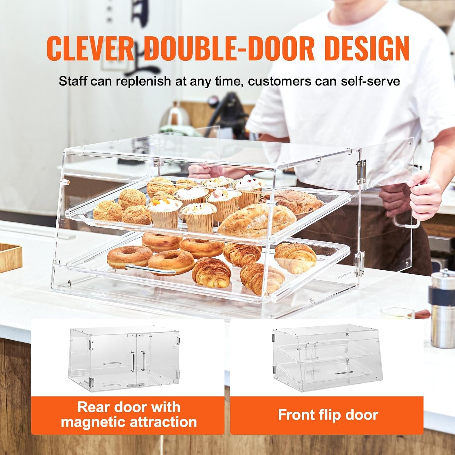 image:imageVEVOR Pastry Display Case 2Tier Commercial Countertop Bakery Display Case Acrylic Display Box with Rear Door Access amp Removable Shelves Keep Fresh for Donut Bagels Cake Cookie 207x132x1192 Tray