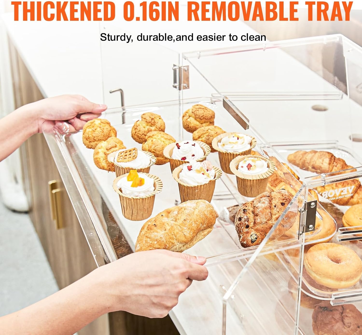 image:imageVEVOR Pastry Display Case 2Tier Commercial Countertop Bakery Display Case Acrylic Display Box with Rear Door Access amp Removable Shelves Keep Fresh for Donut Bagels Cake Cookie 207x132x1192 Tray