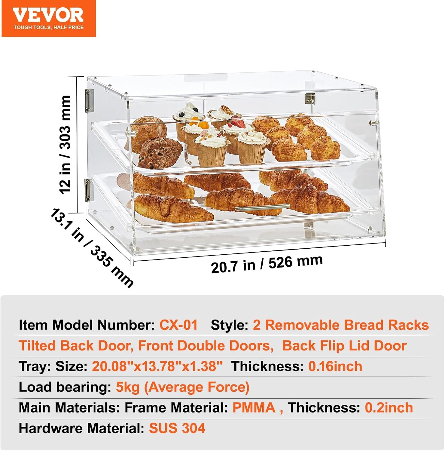 image:imageVEVOR Pastry Display Case 2Tier Commercial Countertop Bakery Display Case Acrylic Display Box with Rear Door Access amp Removable Shelves Keep Fresh for Donut Bagels Cake Cookie 207x132x1192 Tray