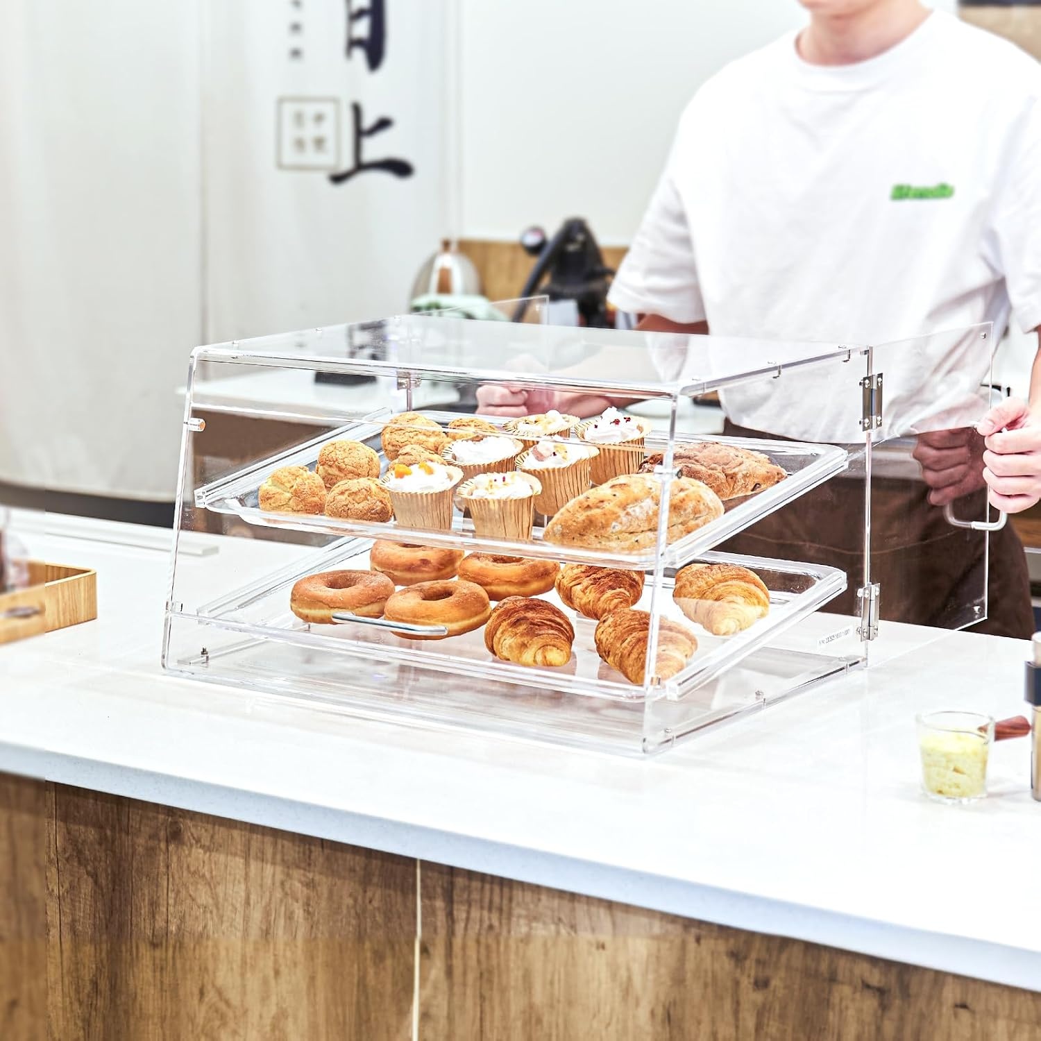 image:imageVEVOR Pastry Display Case 2Tier Commercial Countertop Bakery Display Case Acrylic Display Box with Rear Door Access amp Removable Shelves Keep Fresh for Donut Bagels Cake Cookie 207x132x1192 Tray