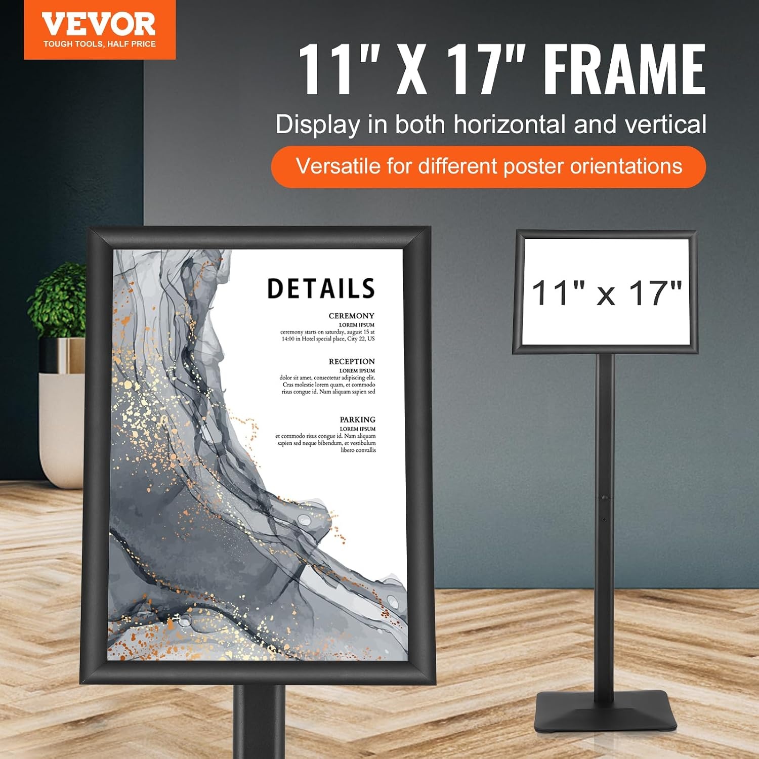image:imageVEVOR Pedestal Sign Holder 11 x 17 Inch Vertical and Horizontal Adjustable Poster Stand HeavyDuty Floor Standing Sign Holder with Metal Base for Display Advertisement and Outdoor Black11 x 17 Inch
