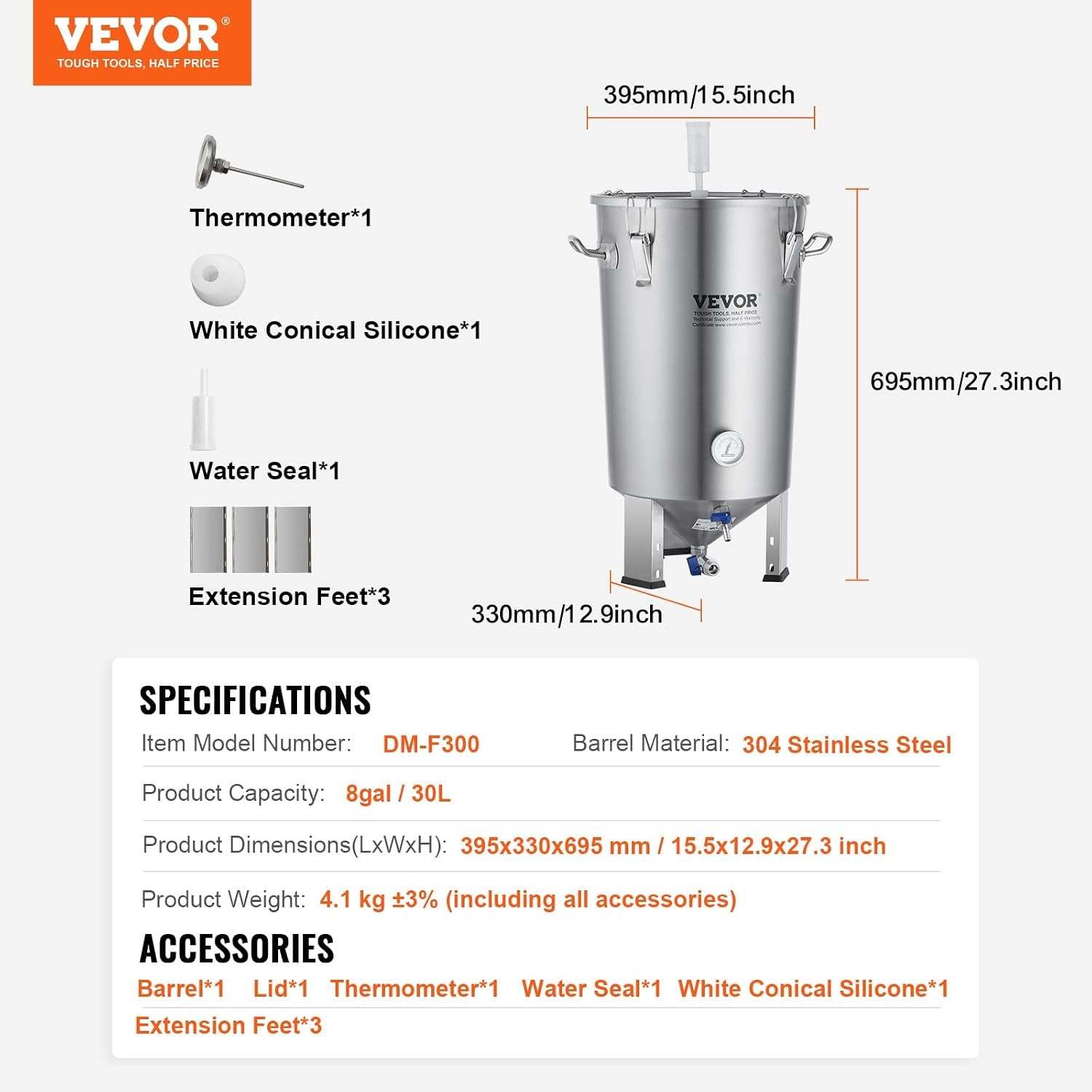 image:imageVEVOR Pressure Fermenter 15 PSI 8 Gal30L AllinOne Stainless Steel Conical Secondary Fermentation Bucket for Wine Beer Brewing Equipment8 GalFermenter10