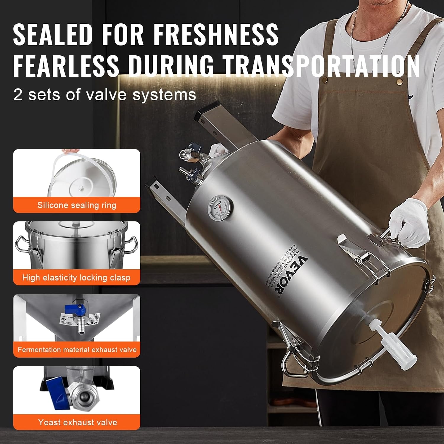 image:imageVEVOR Pressure Fermenter 15 PSI 8 Gal30L AllinOne Stainless Steel Conical Secondary Fermentation Bucket for Wine Beer Brewing Equipment8 GalFermenter10