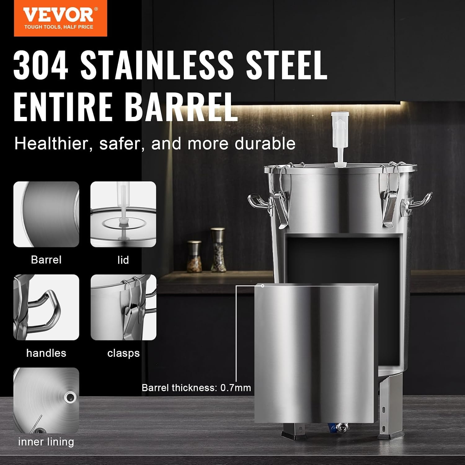 image:imageVEVOR Pressure Fermenter 15 PSI 8 Gal30L AllinOne Stainless Steel Conical Secondary Fermentation Bucket for Wine Beer Brewing Equipment8 GalFermenter10