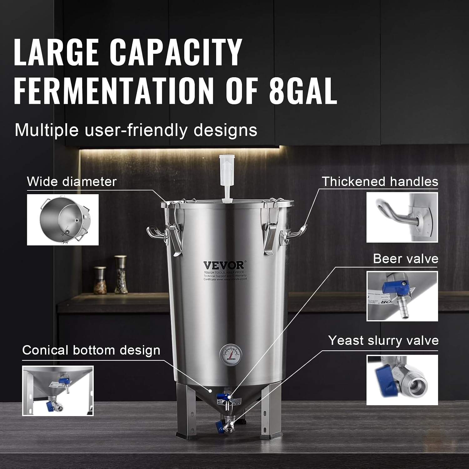 image:imageVEVOR Pressure Fermenter 15 PSI 8 Gal30L AllinOne Stainless Steel Conical Secondary Fermentation Bucket for Wine Beer Brewing Equipment8 GalFermenter10