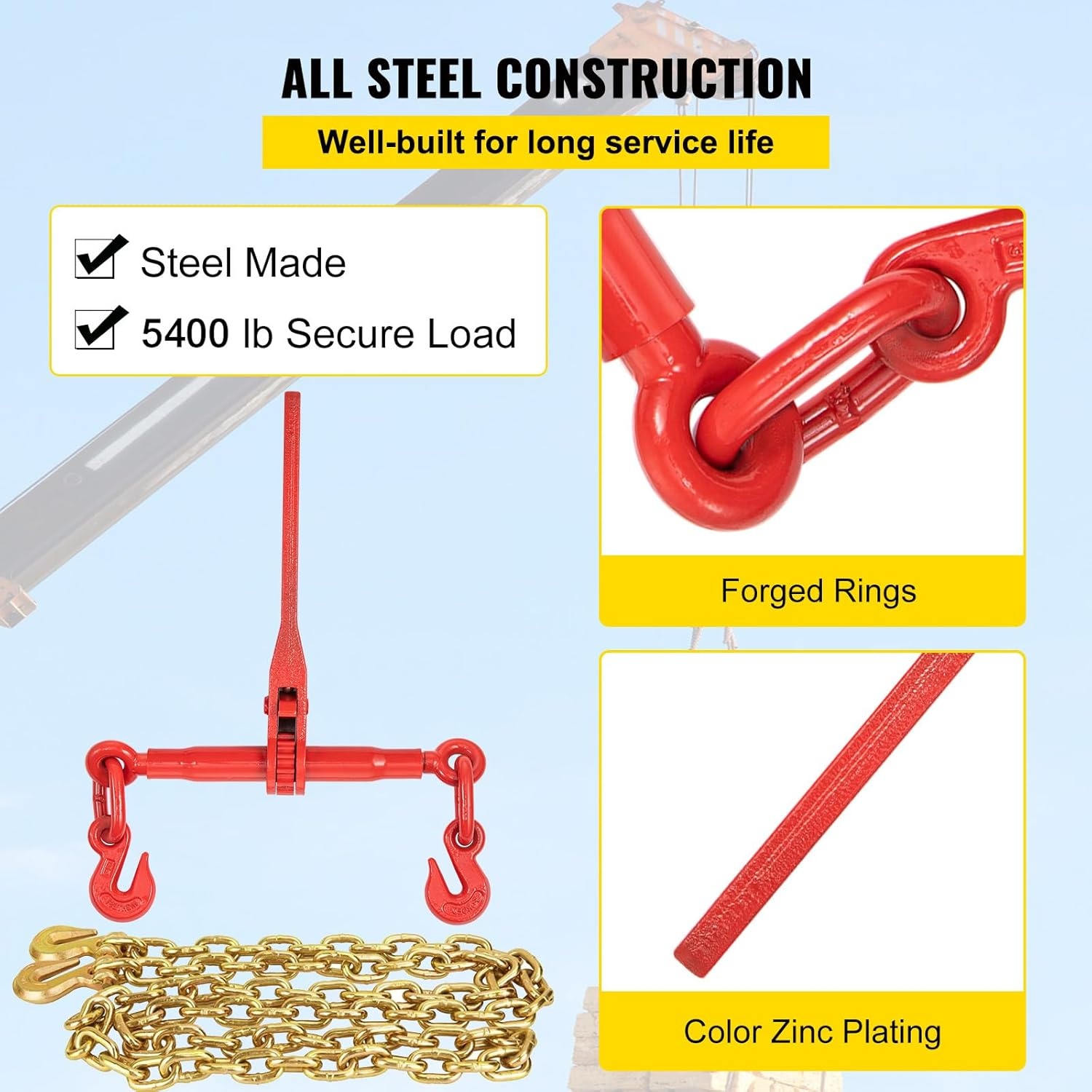 image:imageVEVOR Ratchet Chain Binder 51638 7100 lbs Load Limit amp 4100 lbs G80 Chain Heavy Duty Load Binders Detachable AntiSkid Handle Tie Down Hauling Chain Binders for Flatbed Truck Trailer 4 Set4P 21ft