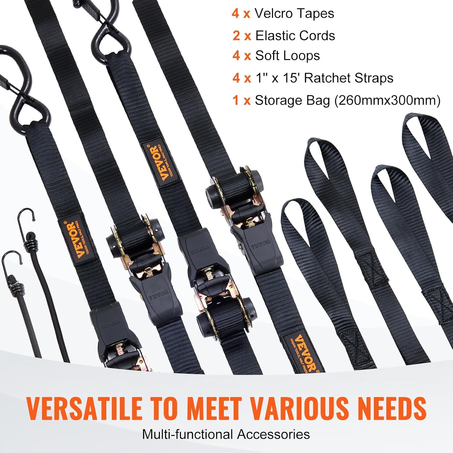 image:imageVEVOR Ratchet Tie Down Straps 4PK 2200 lb Break Strength 1 x 15 Heavy Duty Ratchet Tie Down Strap Set with Padded Handles Coated S Hook Soft Loop for Moving Appliances Motorcycle ATV Truck