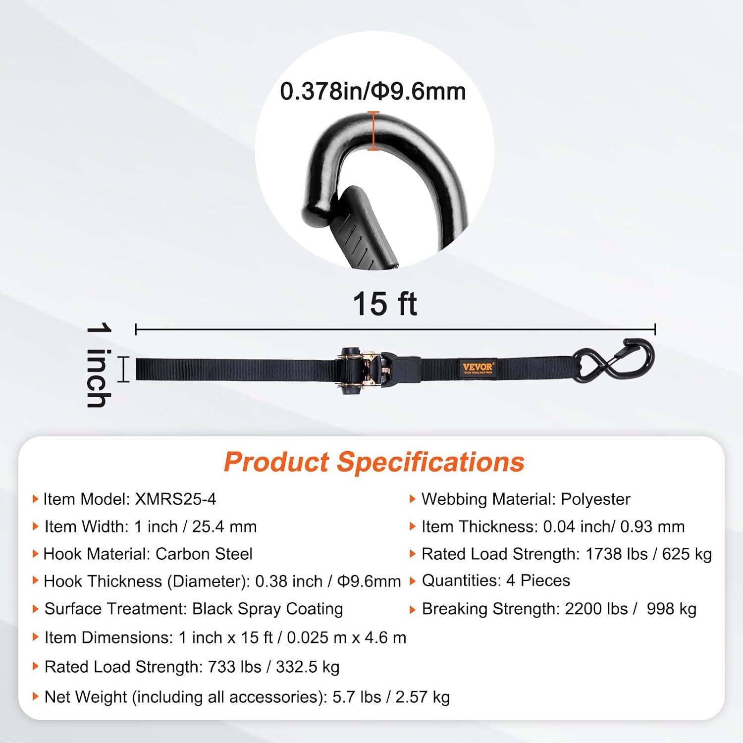image:imageVEVOR Ratchet Tie Down Straps 4PK 2200 lb Break Strength 1 x 15 Heavy Duty Ratchet Tie Down Strap Set with Padded Handles Coated S Hook Soft Loop for Moving Appliances Motorcycle ATV Truck