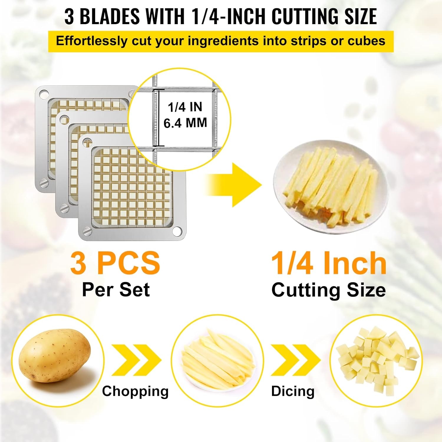 image:imageVEVOR Replacement Chopper Blade 14 inch 3 PCS French Fry Blade Assembly with 6 Extra Knives Stainless Steel Dicer Parts and Push Block for Cutting Potatoes Carrots Onions Cucumbers MushroomsChopper Blade 14x3 blades