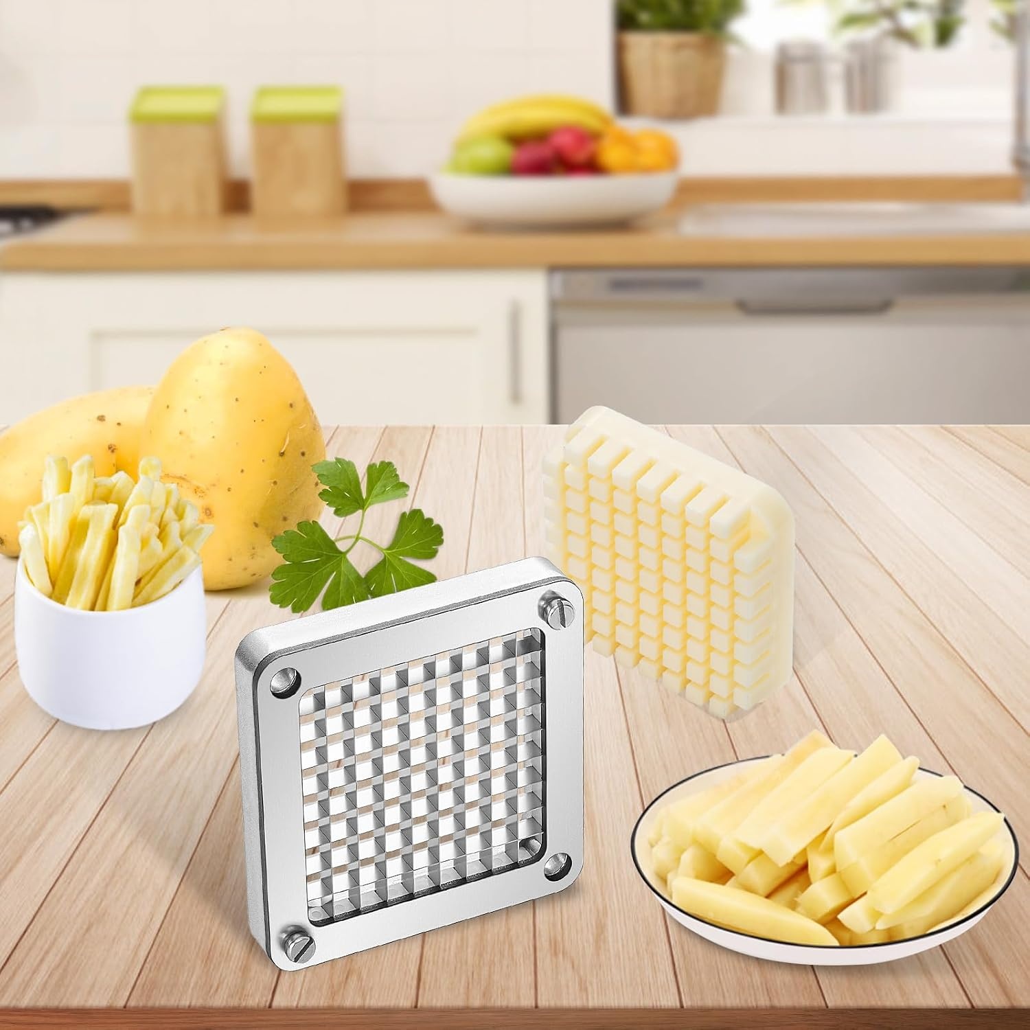 image:imageVEVOR Replacement Chopper Blade 14 inch 3 PCS French Fry Blade Assembly with 6 Extra Knives Stainless Steel Dicer Parts and Push Block for Cutting Potatoes Carrots Onions Cucumbers MushroomsChopper Blade 38x3 blades
