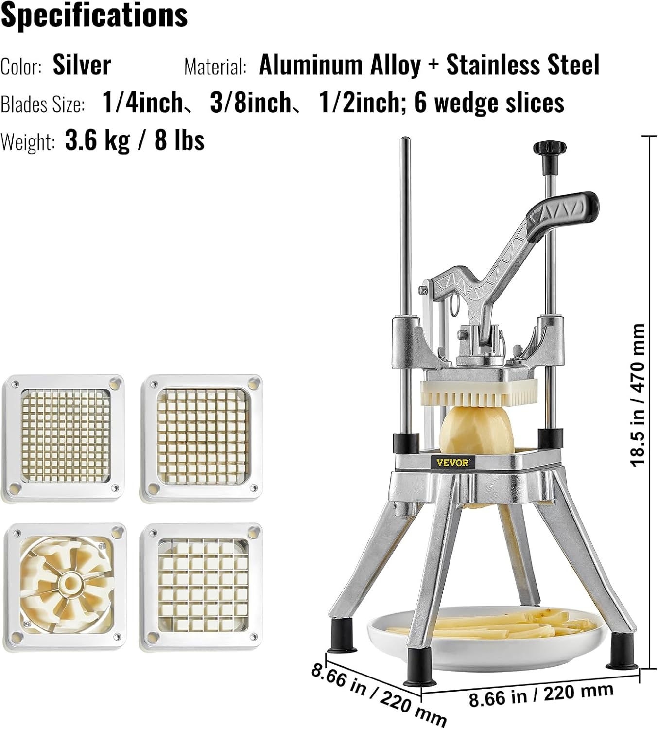 image:imageVEVOR Replacement Chopper Blade 14 inch 3 PCS French Fry Blade Assembly with 6 Extra Knives Stainless Steel Dicer Parts and Push Block for Cutting Potatoes Carrots Onions Cucumbers Mushrooms866 x 866 x 1969