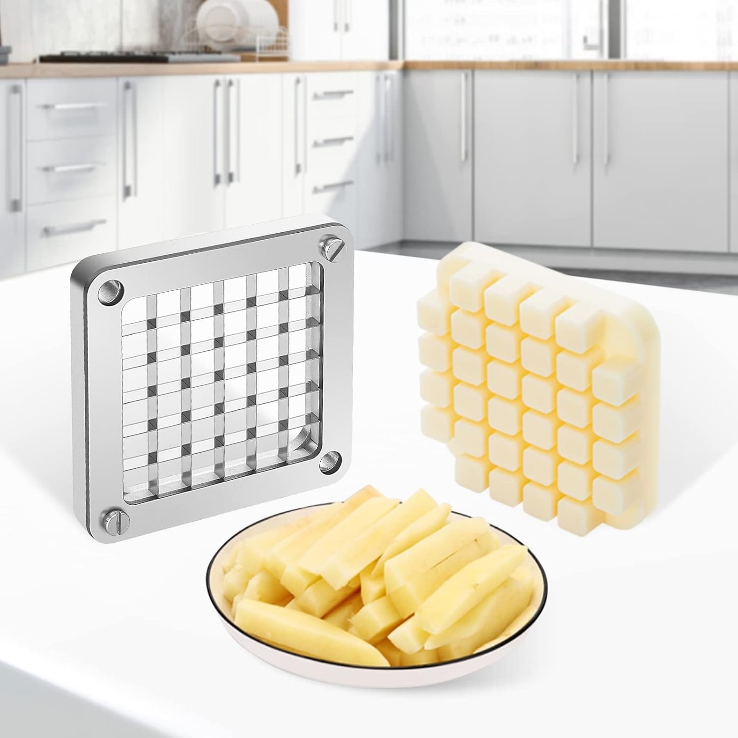 image:imageVEVOR Replacement Chopper Blade 14 inch 3 PCS French Fry Blade Assembly with 6 Extra Knives Stainless Steel Dicer Parts and Push Block for Cutting Potatoes Carrots Onions Cucumbers MushroomsChopper Blade 12x3 blades