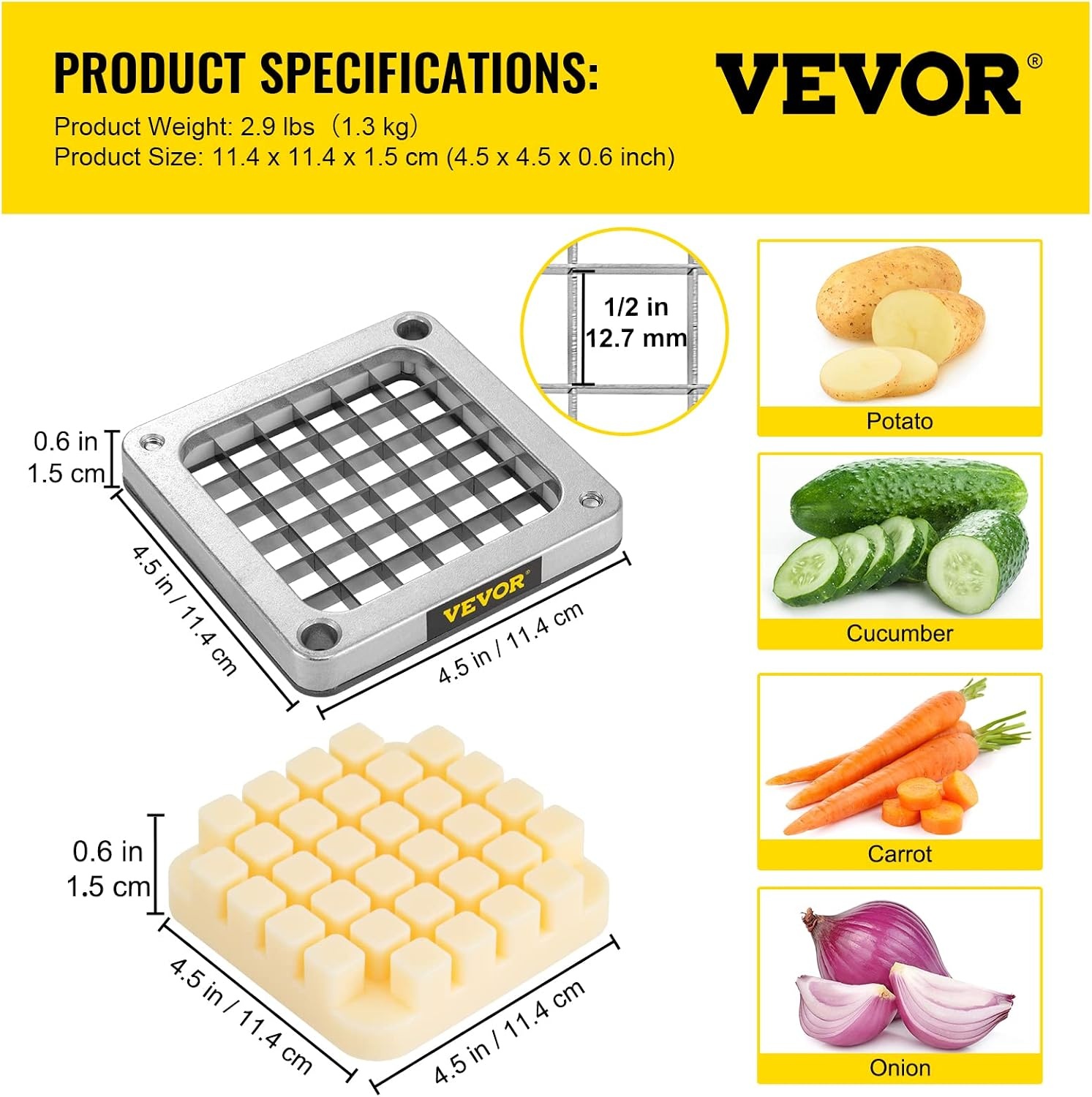 image:imageVEVOR Replacement Chopper Blade 14 inch 3 PCS French Fry Blade Assembly with 6 Extra Knives Stainless Steel Dicer Parts and Push Block for Cutting Potatoes Carrots Onions Cucumbers MushroomsChopper Blade 12x3 blades