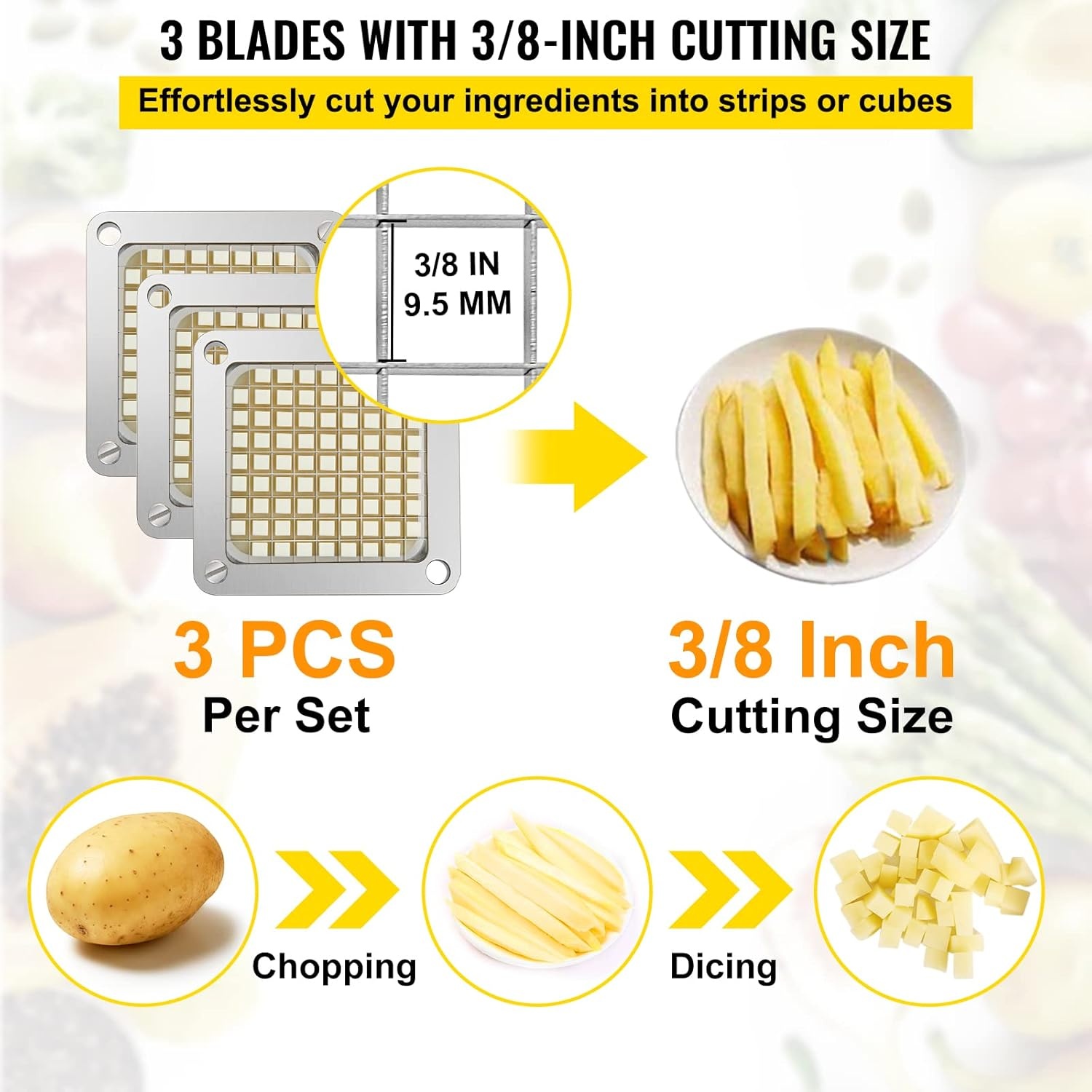 image:imageVEVOR Replacement Chopper Blade 14 inch 3 PCS French Fry Blade Assembly with 6 Extra Knives Stainless Steel Dicer Parts and Push Block for Cutting Potatoes Carrots Onions Cucumbers MushroomsChopper Blade 38x3 blades