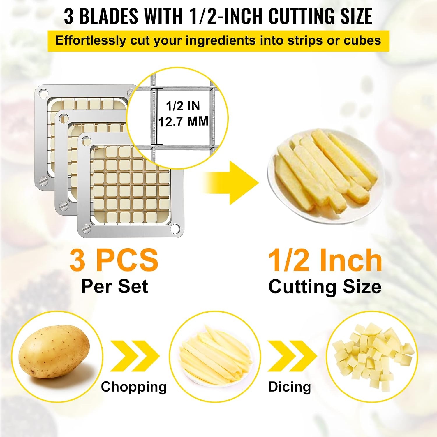 image:imageVEVOR Replacement Chopper Blade 14 inch 3 PCS French Fry Blade Assembly with 6 Extra Knives Stainless Steel Dicer Parts and Push Block for Cutting Potatoes Carrots Onions Cucumbers MushroomsChopper Blade 12x3 blades