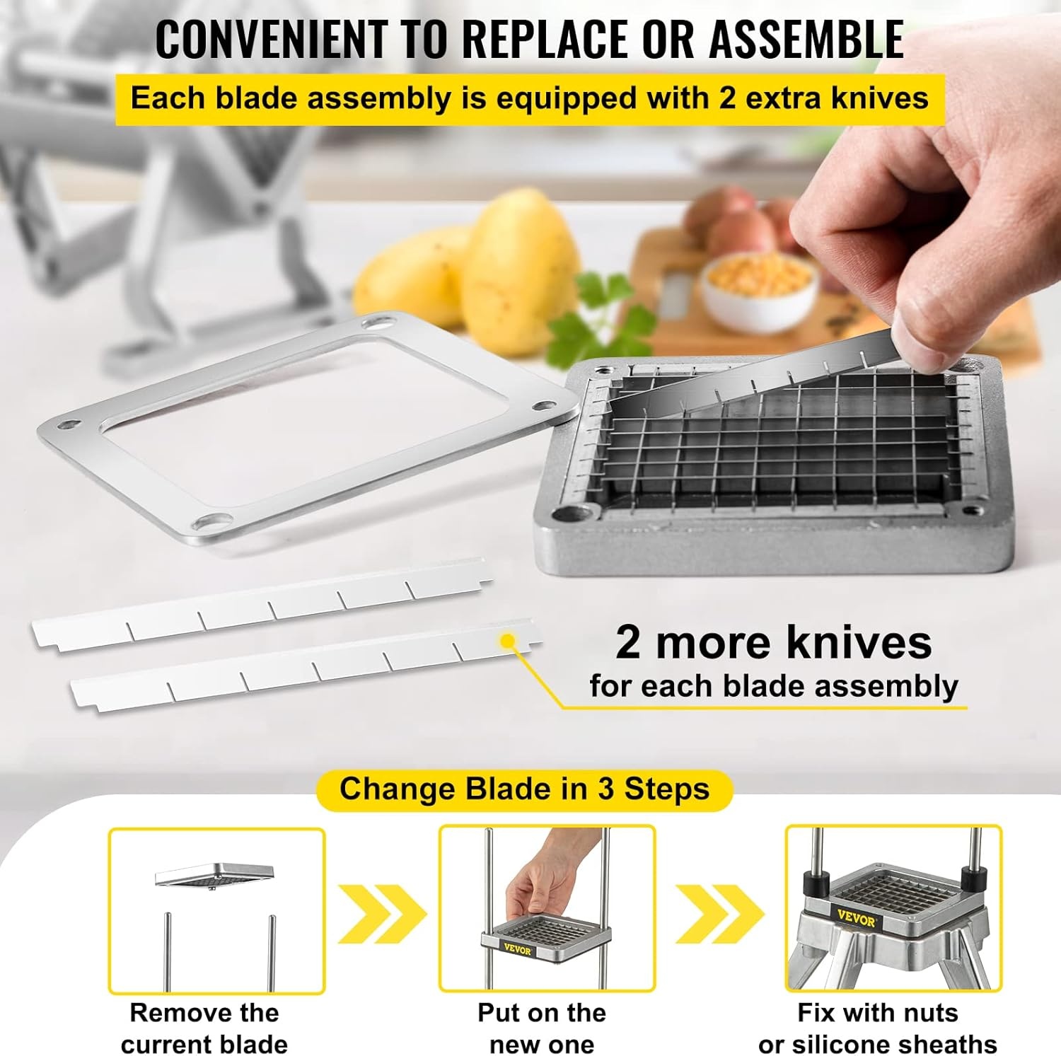 image:imageVEVOR Replacement Chopper Blade 14 inch 3 PCS French Fry Blade Assembly with 6 Extra Knives Stainless Steel Dicer Parts and Push Block for Cutting Potatoes Carrots Onions Cucumbers MushroomsChopper Blade 38x3 blades