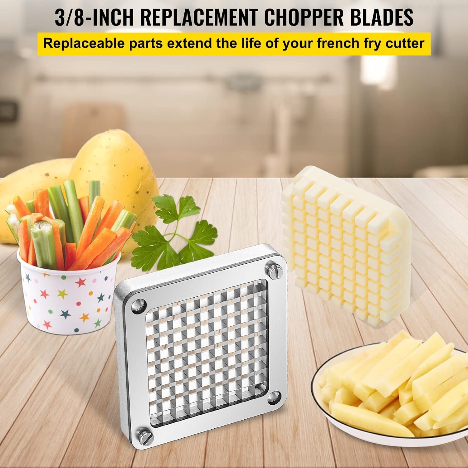 image:imageVEVOR Replacement Chopper Blade 14 inch 3 PCS French Fry Blade Assembly with 6 Extra Knives Stainless Steel Dicer Parts and Push Block for Cutting Potatoes Carrots Onions Cucumbers MushroomsChopper Blade 38x3 blades