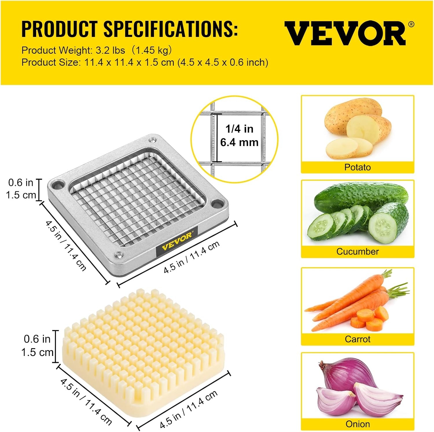 image:imageVEVOR Replacement Chopper Blade 14 inch 3 PCS French Fry Blade Assembly with 6 Extra Knives Stainless Steel Dicer Parts and Push Block for Cutting Potatoes Carrots Onions Cucumbers MushroomsChopper Blade 14x3 blades