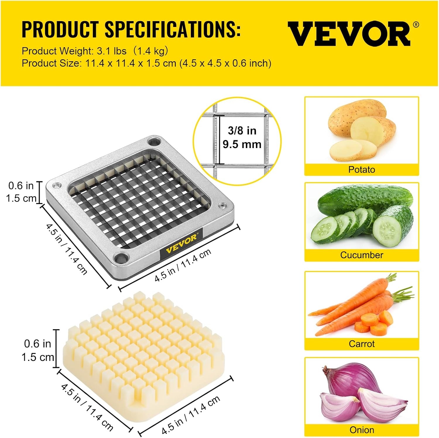 image:imageVEVOR Replacement Chopper Blade 14 inch 3 PCS French Fry Blade Assembly with 6 Extra Knives Stainless Steel Dicer Parts and Push Block for Cutting Potatoes Carrots Onions Cucumbers MushroomsChopper Blade 38x3 blades