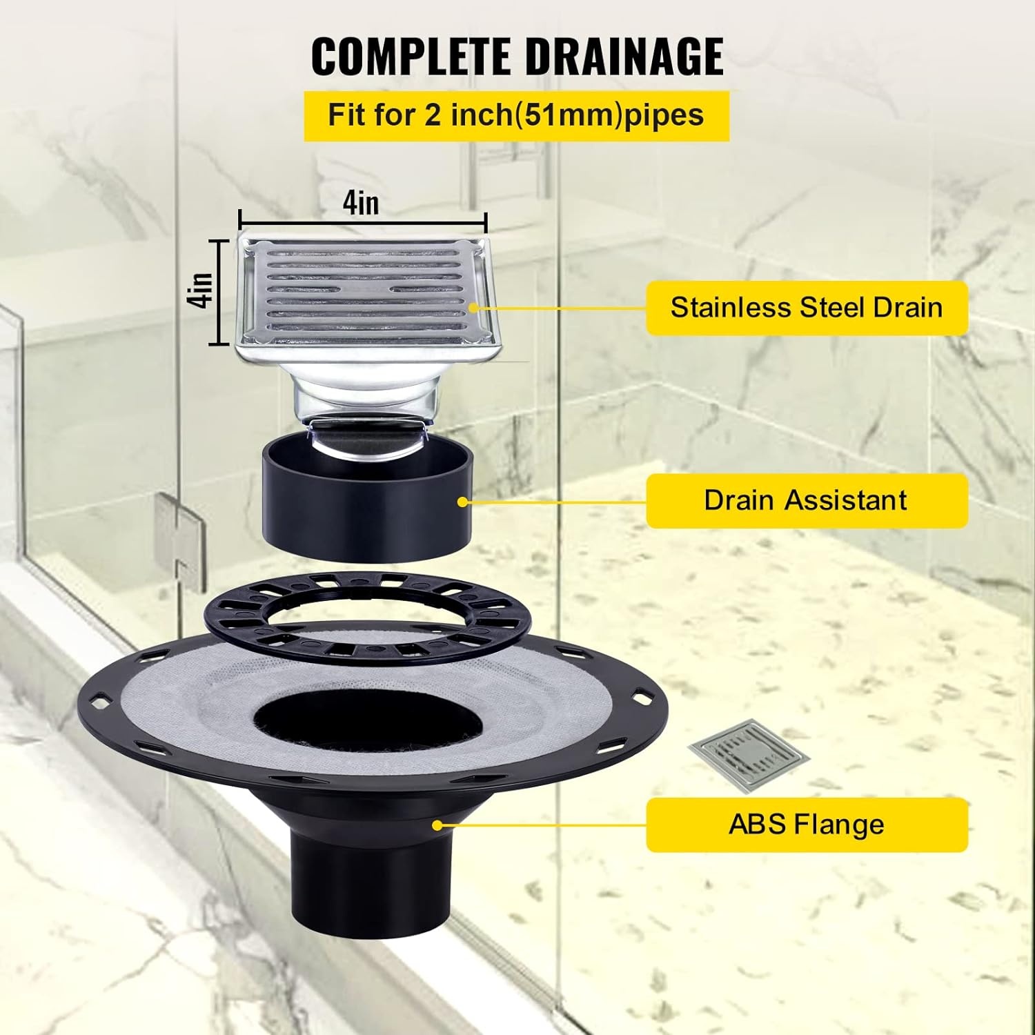 image:imageVEVOR Shower Curb Kit 48x72 Watertight Shower Curb Overlay with 4 ABS Central Bonding Flange 4 Stainless Steel Grate 2 Cuttable Shower Curb and Trowel Shower Pan Slope Sticks Fit for Bathroom48x72