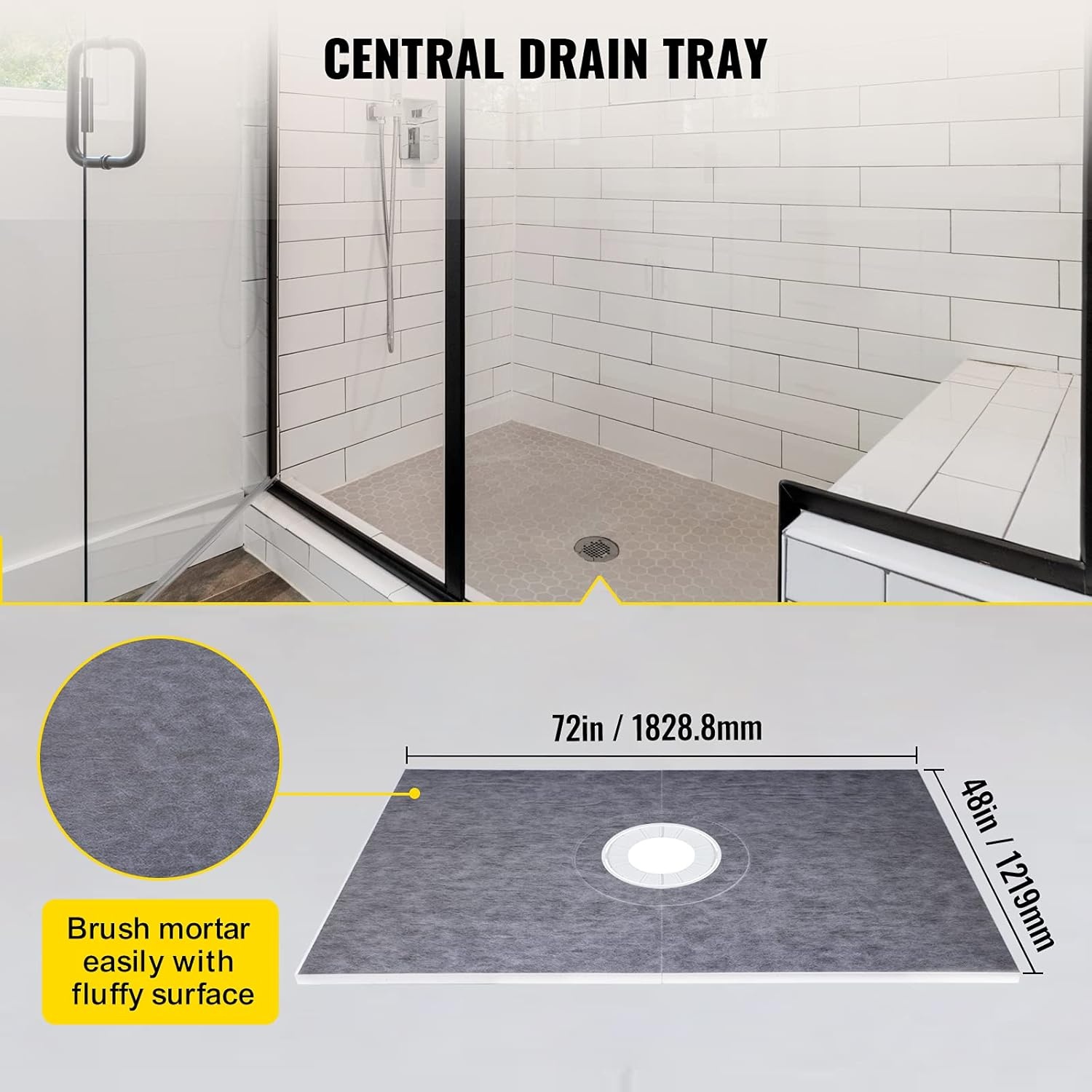 image:imageVEVOR Shower Curb Kit 48x72 Watertight Shower Curb Overlay with 4 ABS Central Bonding Flange 4 Stainless Steel Grate 2 Cuttable Shower Curb and Trowel Shower Pan Slope Sticks Fit for Bathroom48x72