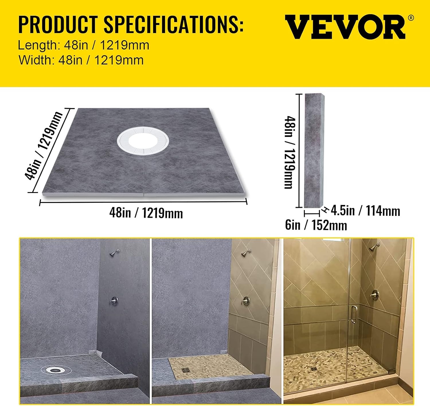 image:imageVEVOR Shower Curb Kit 48x72 Watertight Shower Curb Overlay with 4 ABS Central Bonding Flange 4 Stainless Steel Grate 2 Cuttable Shower Curb and Trowel Shower Pan Slope Sticks Fit for Bathroom48x48