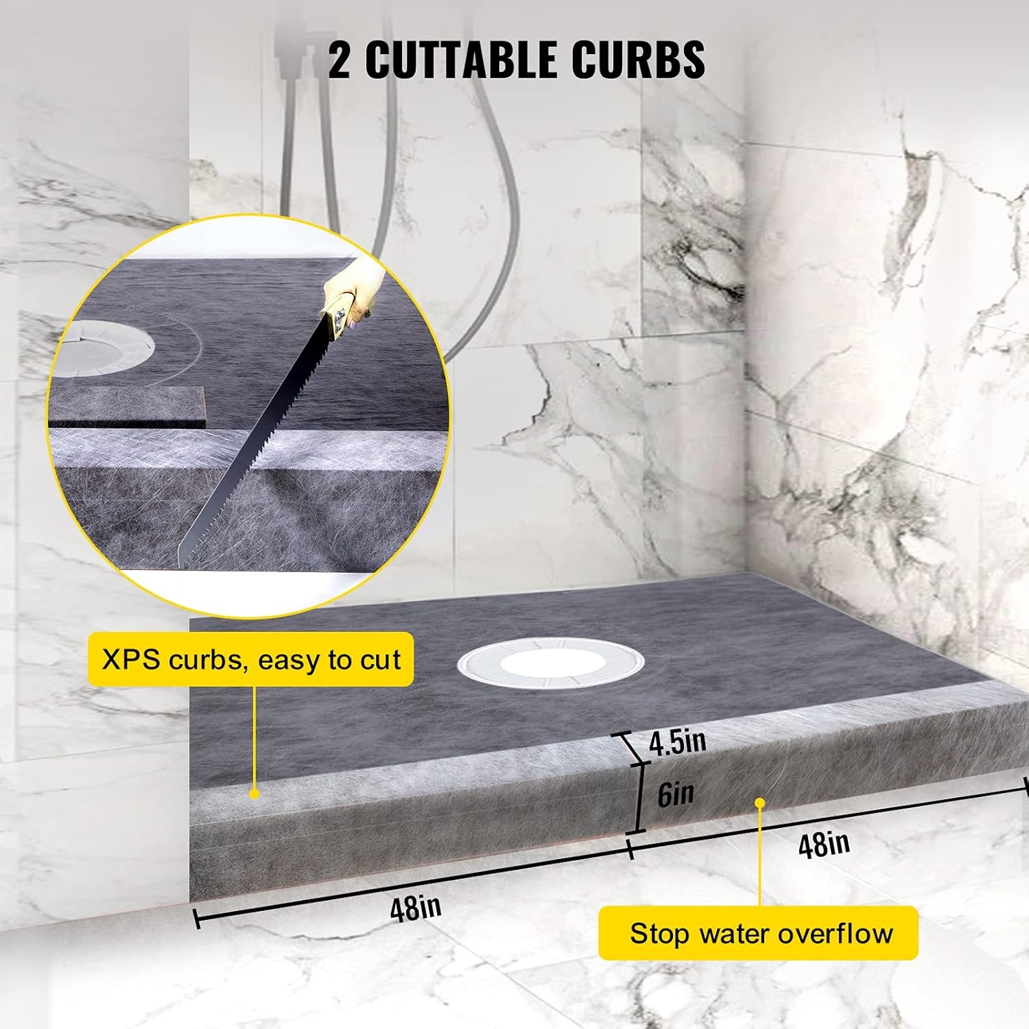 image:imageVEVOR Shower Curb Kit 48x72 Watertight Shower Curb Overlay with 4 ABS Central Bonding Flange 4 Stainless Steel Grate 2 Cuttable Shower Curb and Trowel Shower Pan Slope Sticks Fit for Bathroom48x72