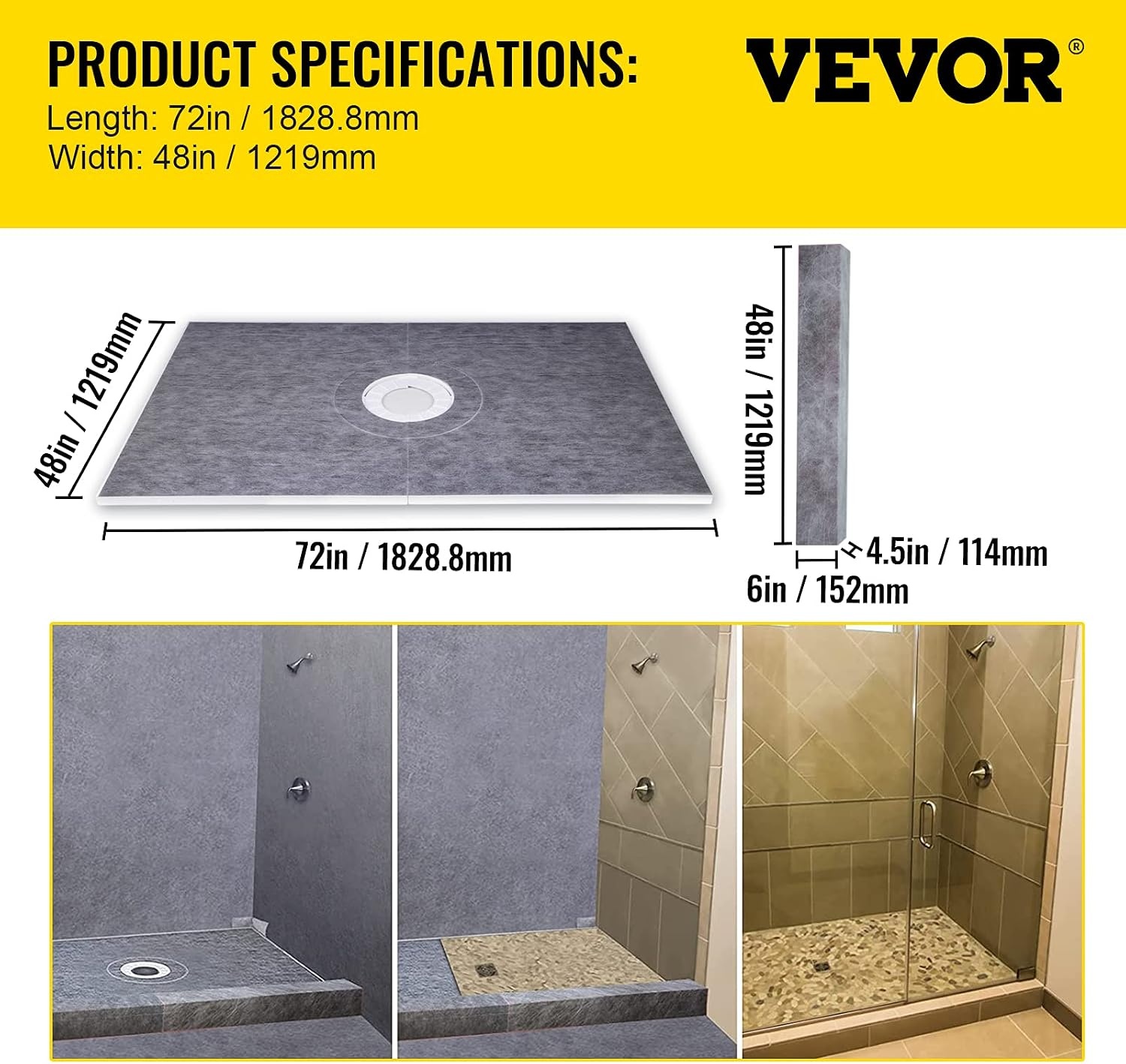 image:imageVEVOR Shower Curb Kit 48x72 Watertight Shower Curb Overlay with 4 ABS Central Bonding Flange 4 Stainless Steel Grate 2 Cuttable Shower Curb and Trowel Shower Pan Slope Sticks Fit for Bathroom48x72