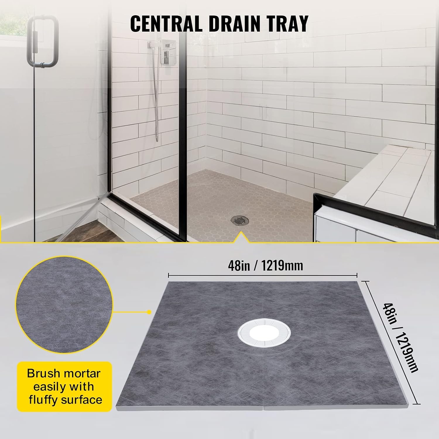 image:imageVEVOR Shower Curb Kit 48x72 Watertight Shower Curb Overlay with 4 ABS Central Bonding Flange 4 Stainless Steel Grate 2 Cuttable Shower Curb and Trowel Shower Pan Slope Sticks Fit for Bathroom48x48
