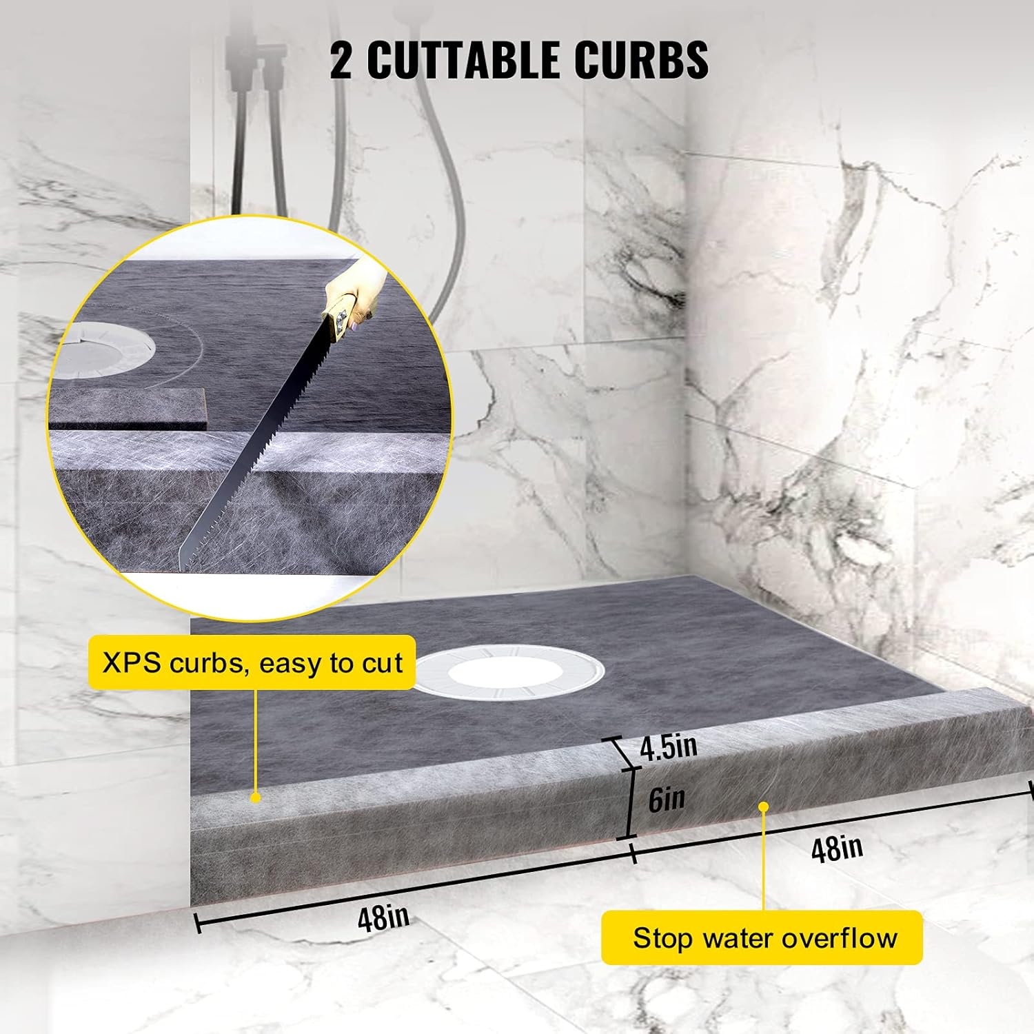 image:imageVEVOR Shower Curb Kit 48x72 Watertight Shower Curb Overlay with 4 ABS Central Bonding Flange 4 Stainless Steel Grate 2 Cuttable Shower Curb and Trowel Shower Pan Slope Sticks Fit for Bathroom48x48